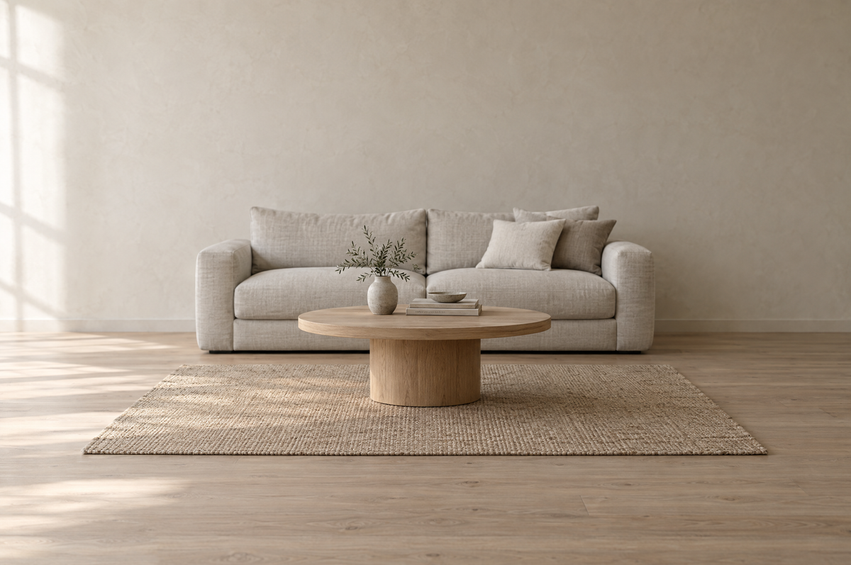 A styled living room corner in warm natural light, with a low round wooden coffee table centered on a woven rug and a neutral sofa behind it
