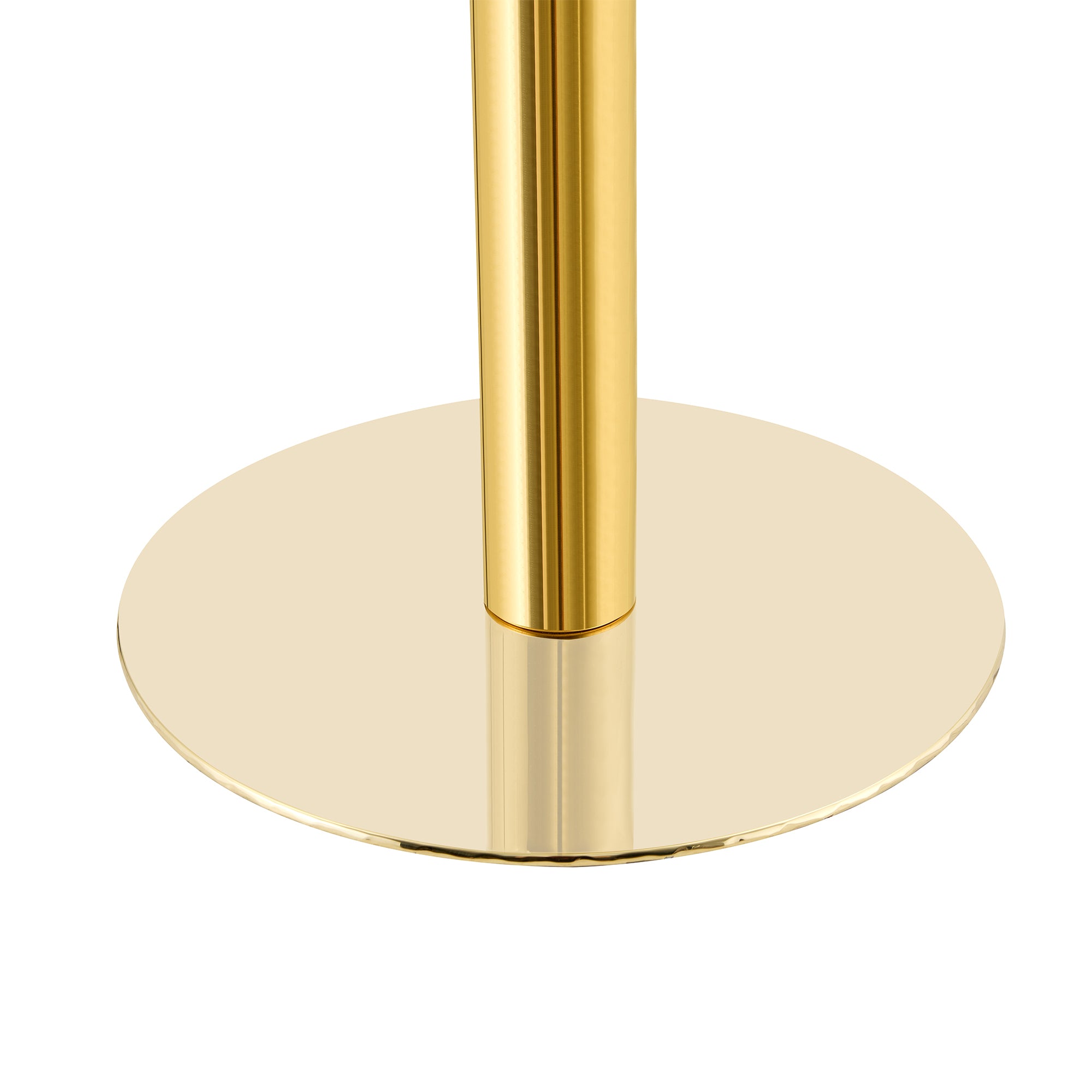 Studio close-up of the gold pedestal column meeting the round gold base plate
