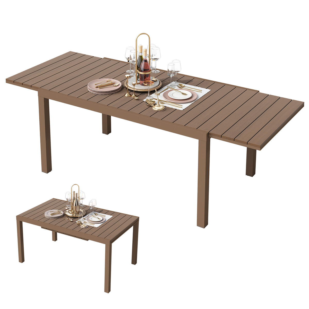 Brown Aluminum Outdoor Dining Table Extendable