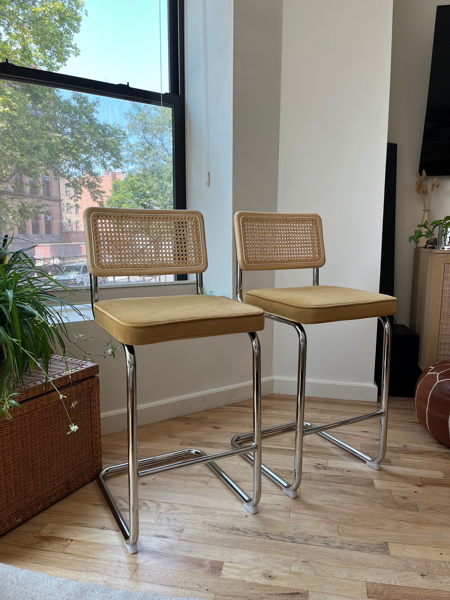 Rattan Counter Stools Set of 2 – Stainless Steel Legs & Yellow Velvet