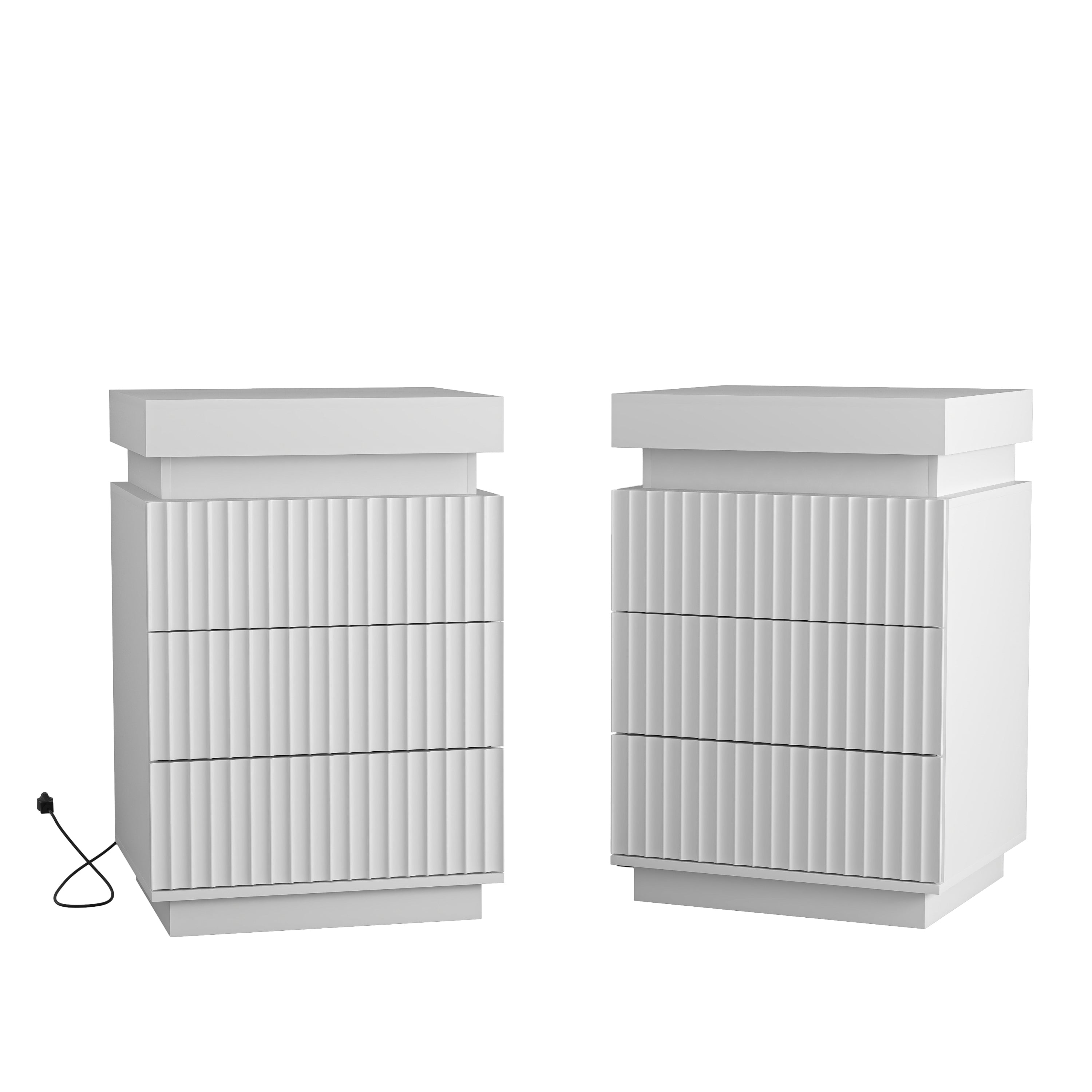 White Nightstand Set of 2 with LED Lights and Charging