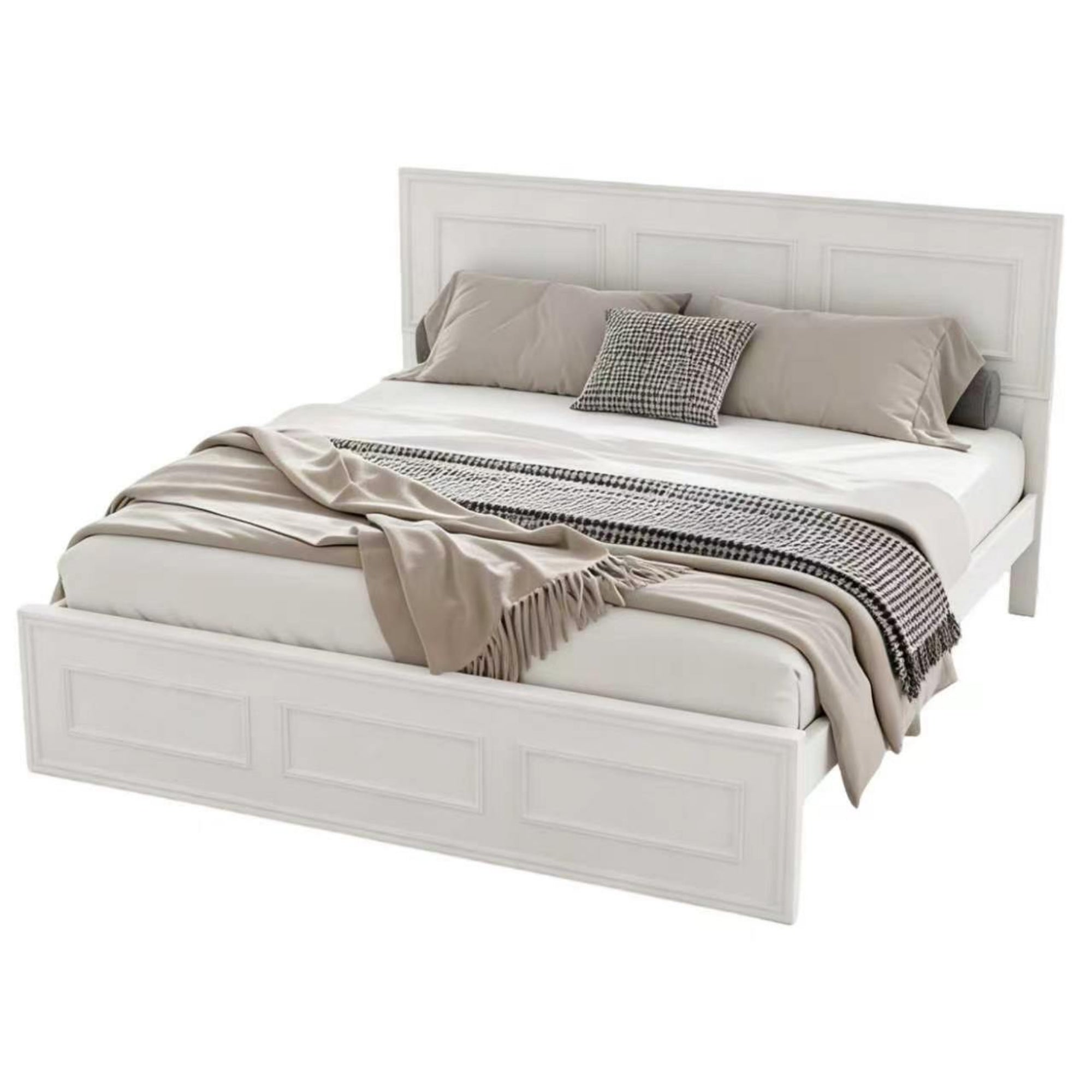 White queen bed frame on a plain background, three-rectangle panel headboard and footboard, bare mattress #Color_White