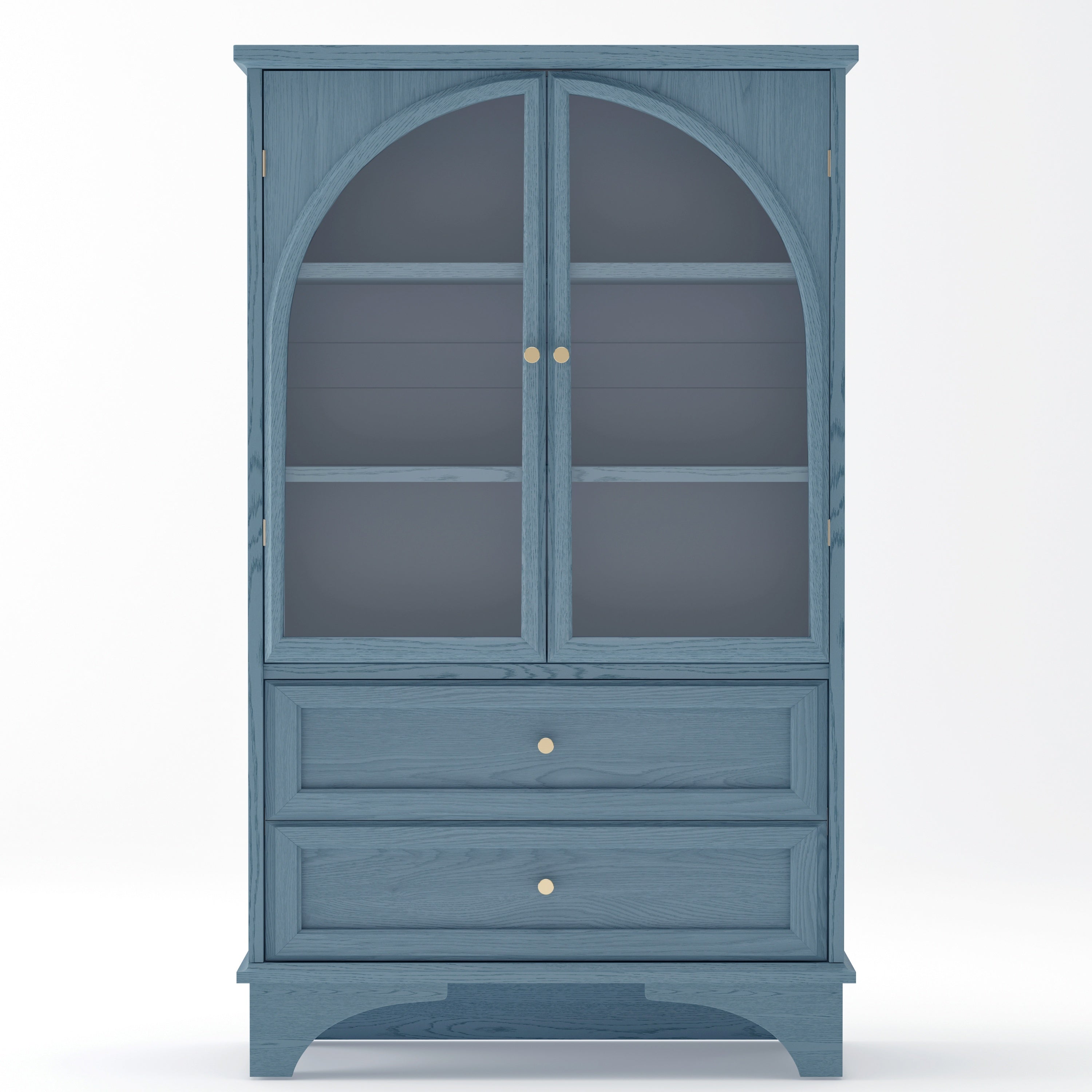 Arched Glass Display Cabinet, Vintage Blue with 2 Drawers and Shelves