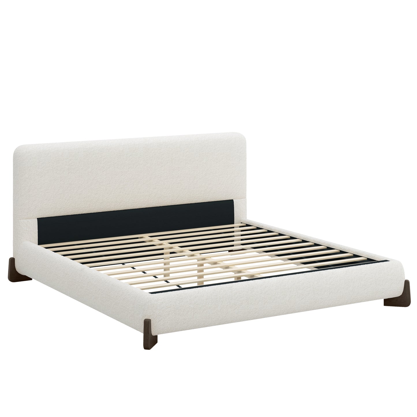 White bouclé king bed frame with dark wood sled legs on white background