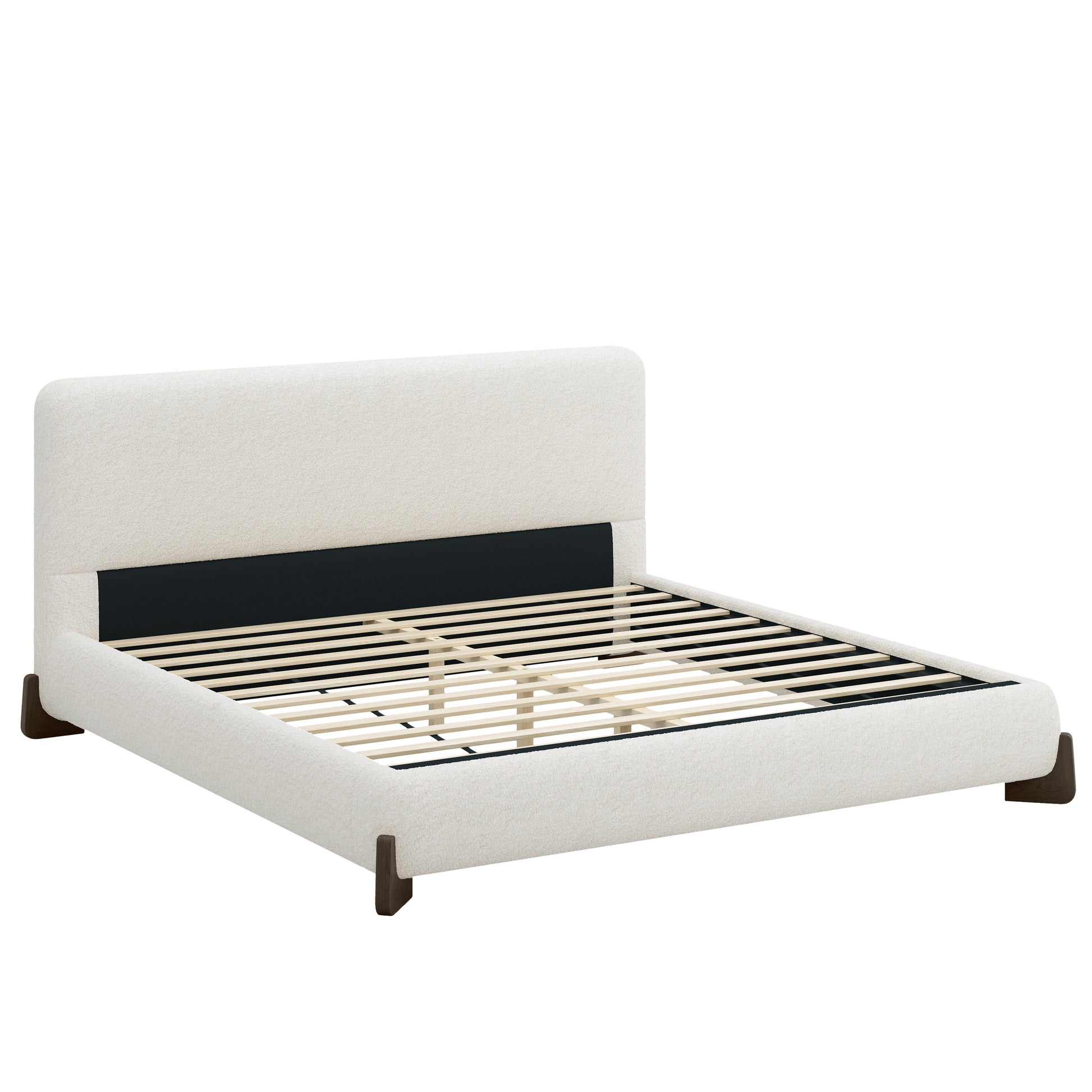 White bouclé king bed frame with dark wood sled legs on white background