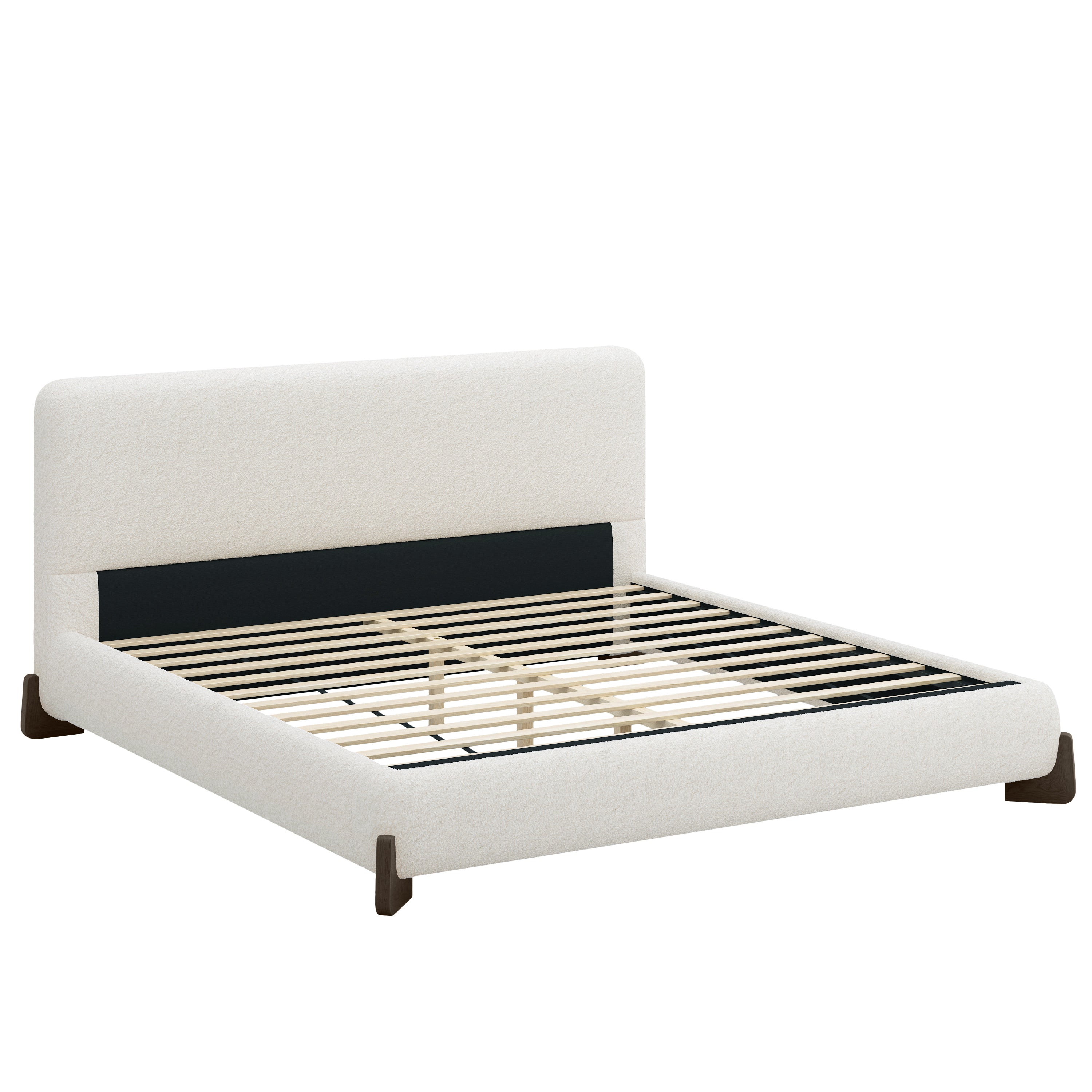White bouclé king bed frame with dark wood sled legs on white background