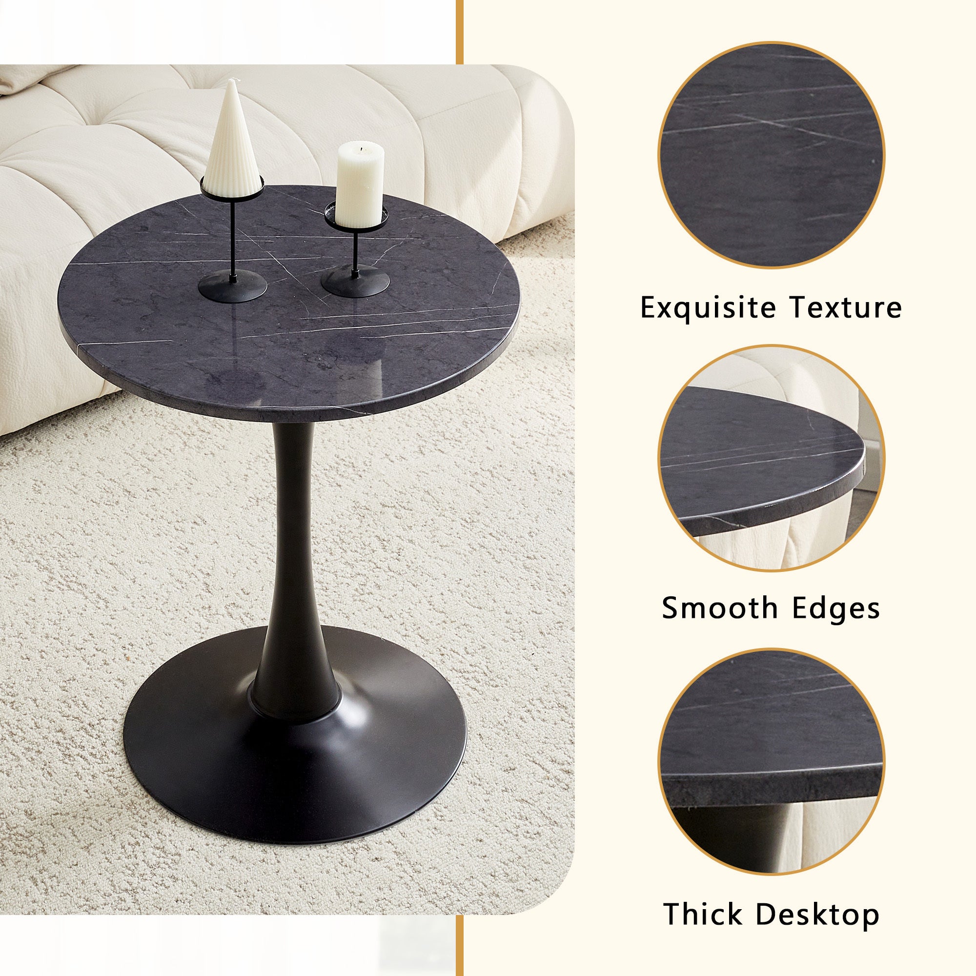 Feature graphic detailing the tabletop texture, smooth edges and thickness with a styled room photo