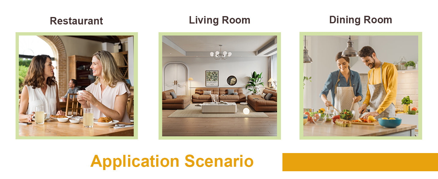 Feature graphic titled application scenario with large restaurant, living room and dining room photos