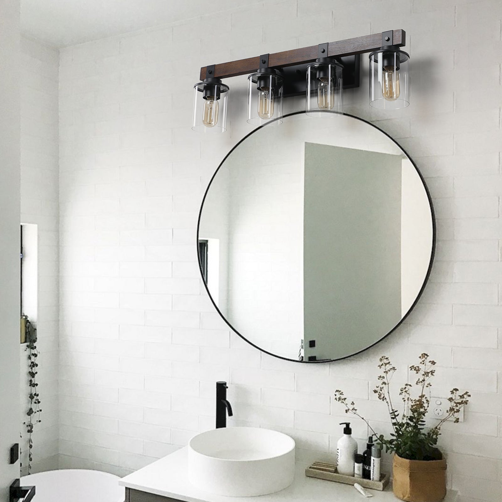 Vanity Light, 4-Light Iron with Walnut Wood Accent