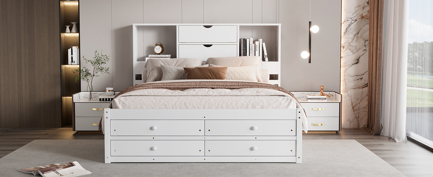 Front styled view of the white queen bed, two headboard drawers and four footboard drawers closed