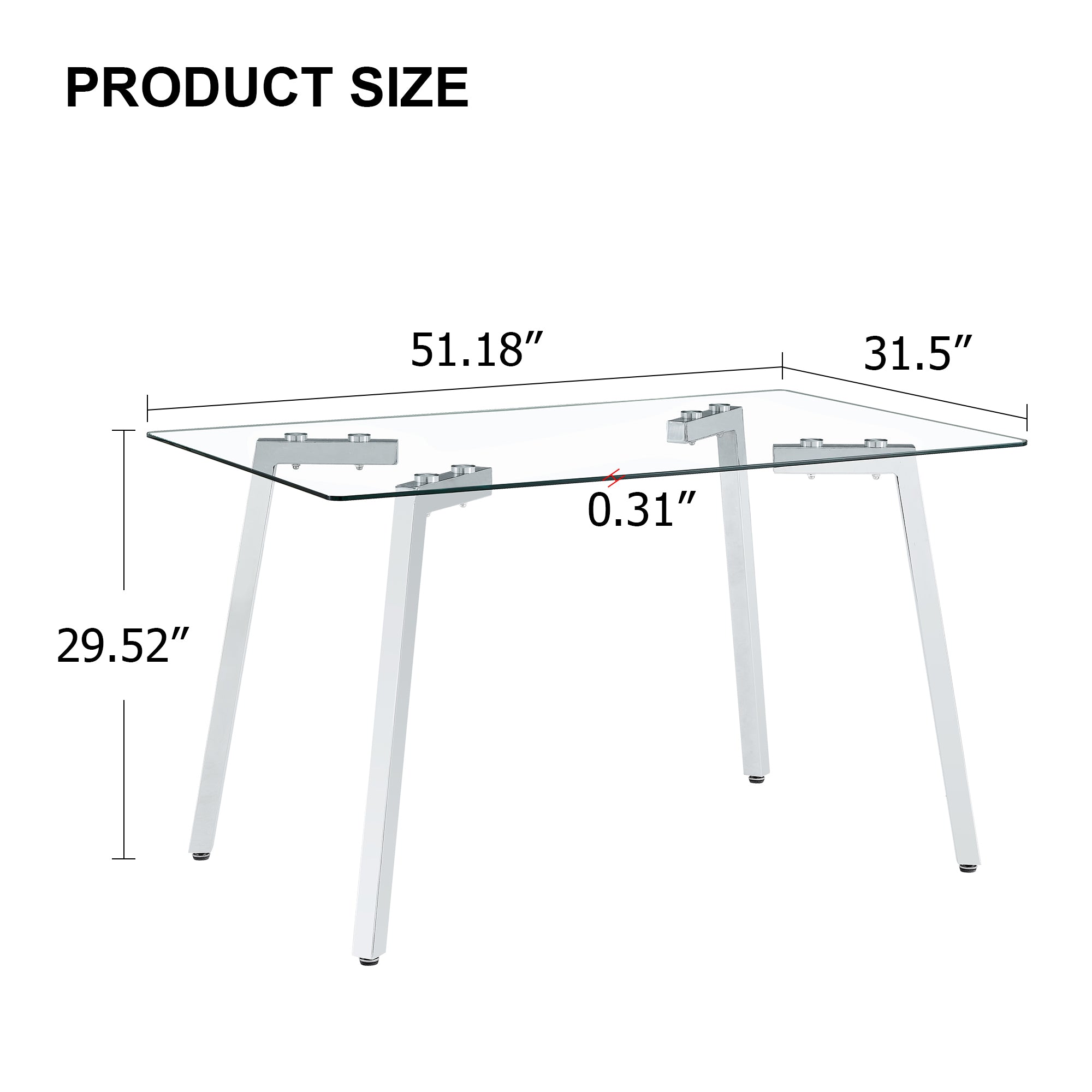 Dimension diagram showing the glass table at 51.18 inches long, 31.5 inches wide and 29.52 inches tall