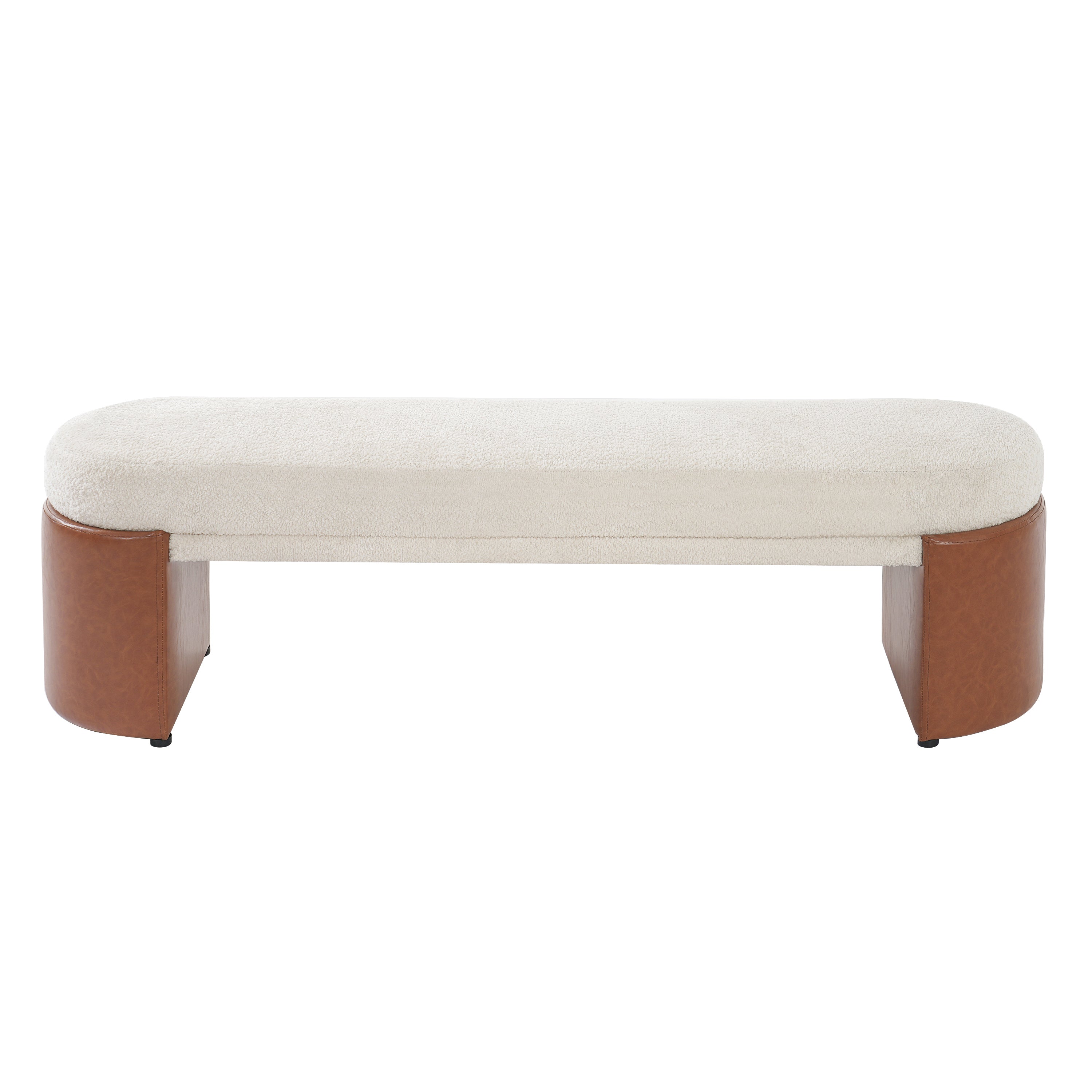 Boucle Dining Bench 63 Inch, Cream Seat with Brown Vegan Leather Legs