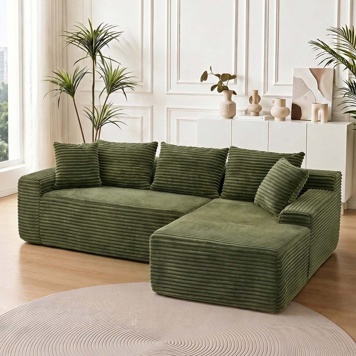 Green L-Shaped Modular Sectional Couch, 95 in Wide, Right-Facing