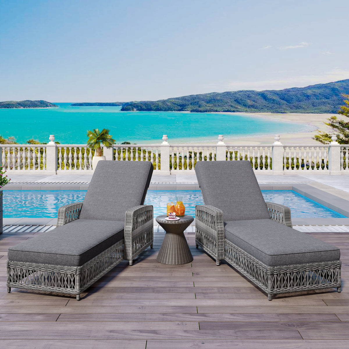 Gray Wicker Adjustable Outdoor Chaise Lounge with Cushions, Set of 2