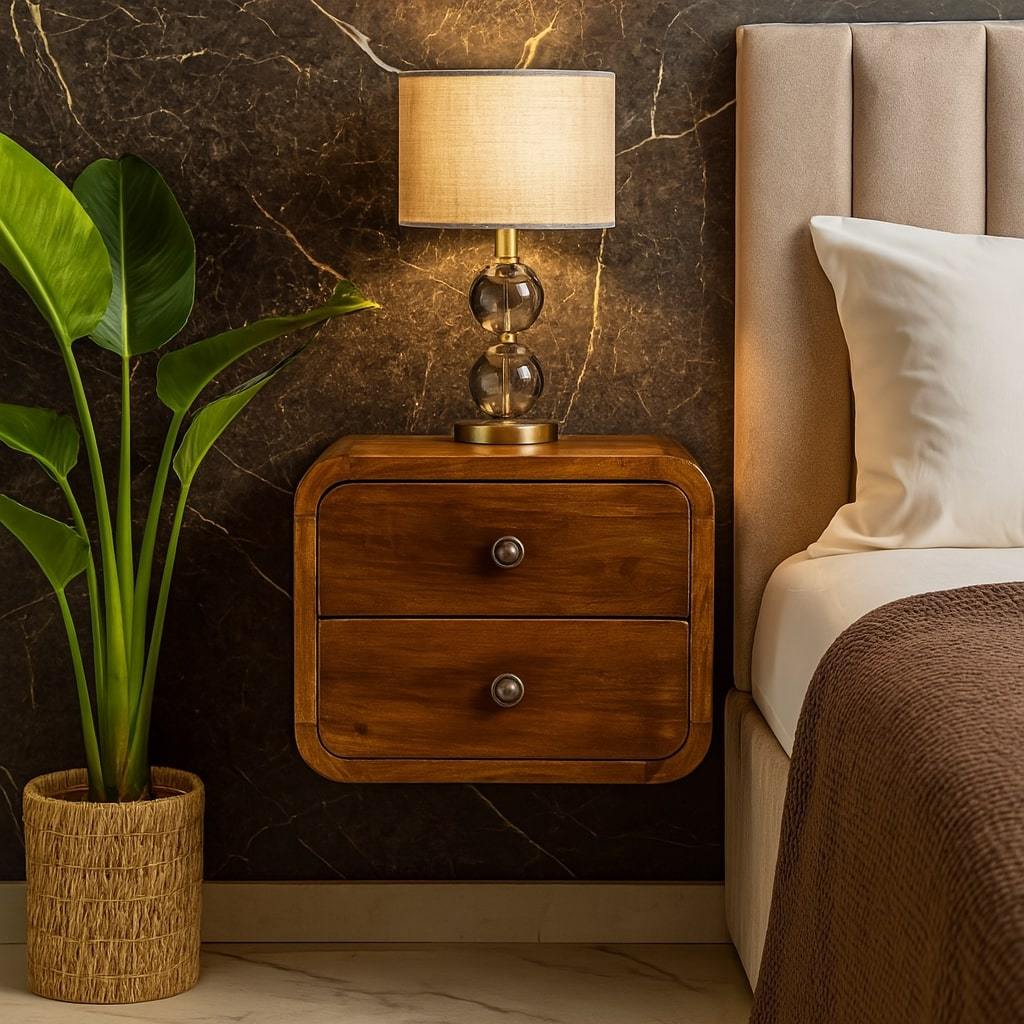 Mini Floating Nightstand, 2 Drawers, Solid Mango Wood, Chestnut