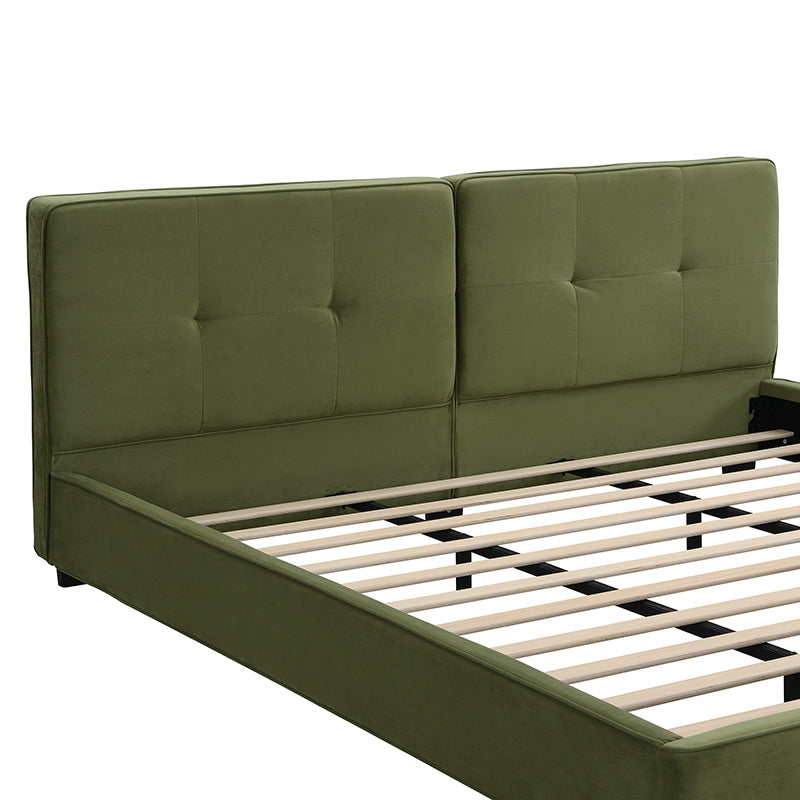 Close-up of tufted headboard corner and block foot detail
