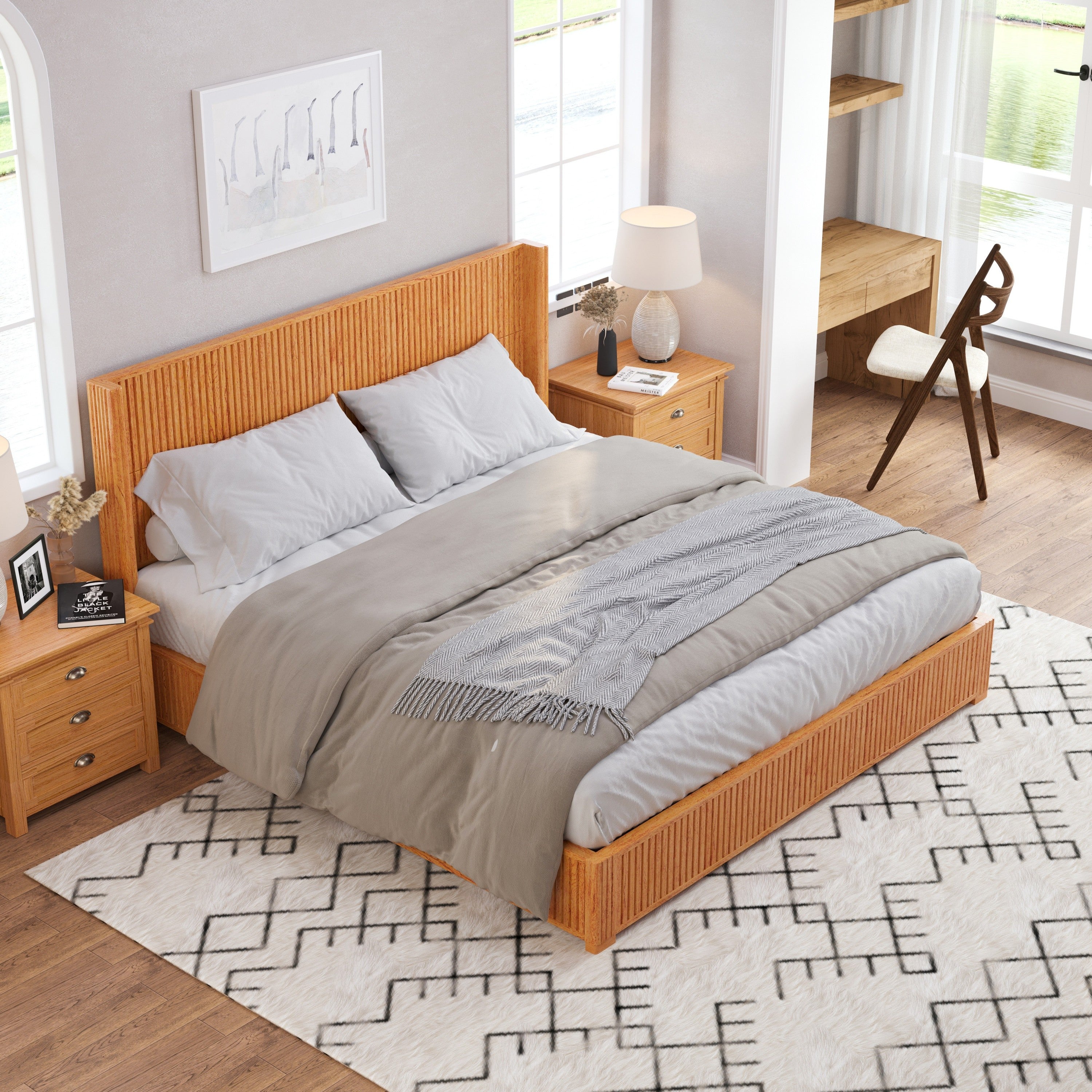 Natural wood king floor bed frame viewed from foot of the bed