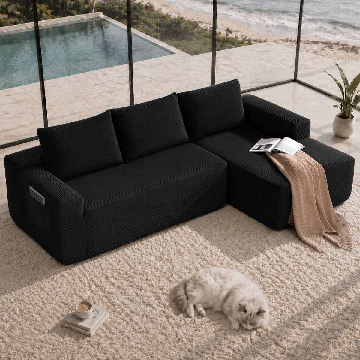 Black L-Shaped Modular Sectional, Corduroy Right-Facing Chaise
