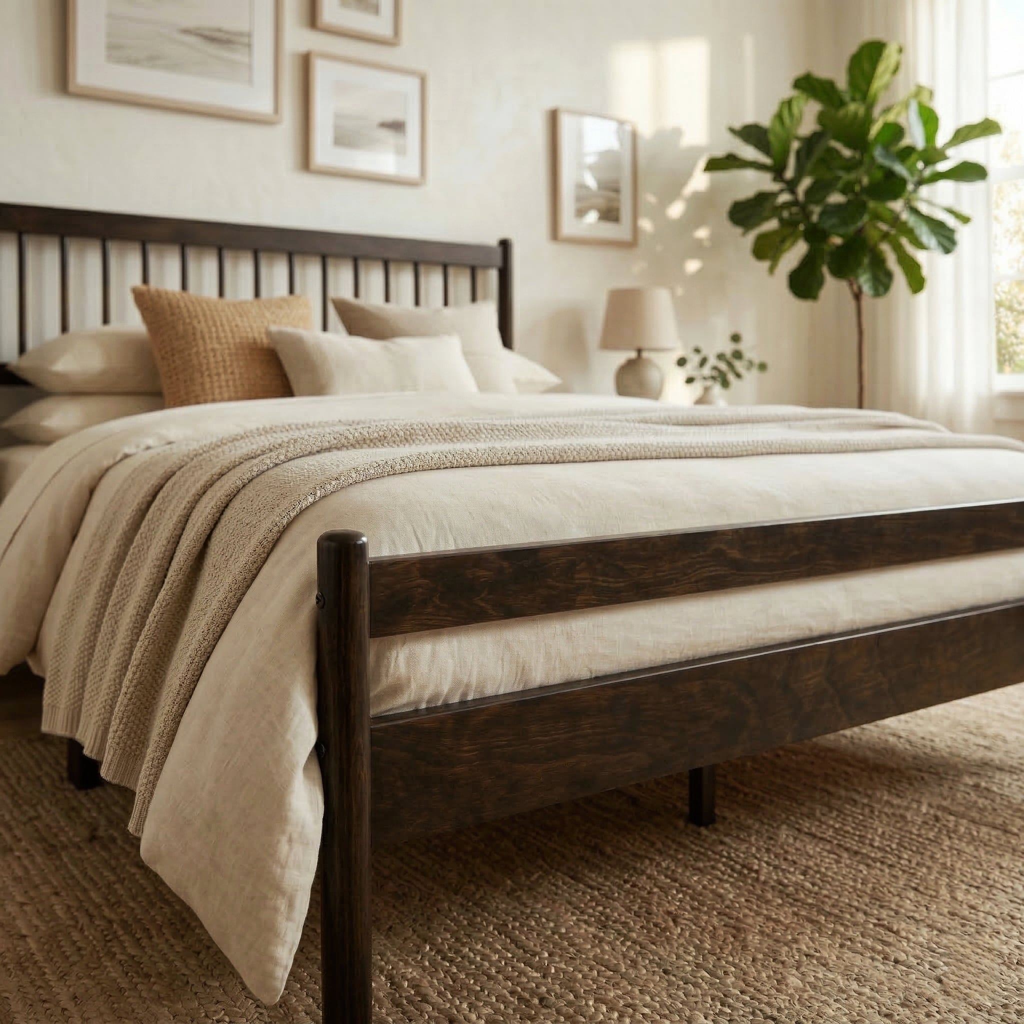 Close-up of the dark brown Windsor spindle headboard with stacked pillows beside a wood nightstand #Color_Brown