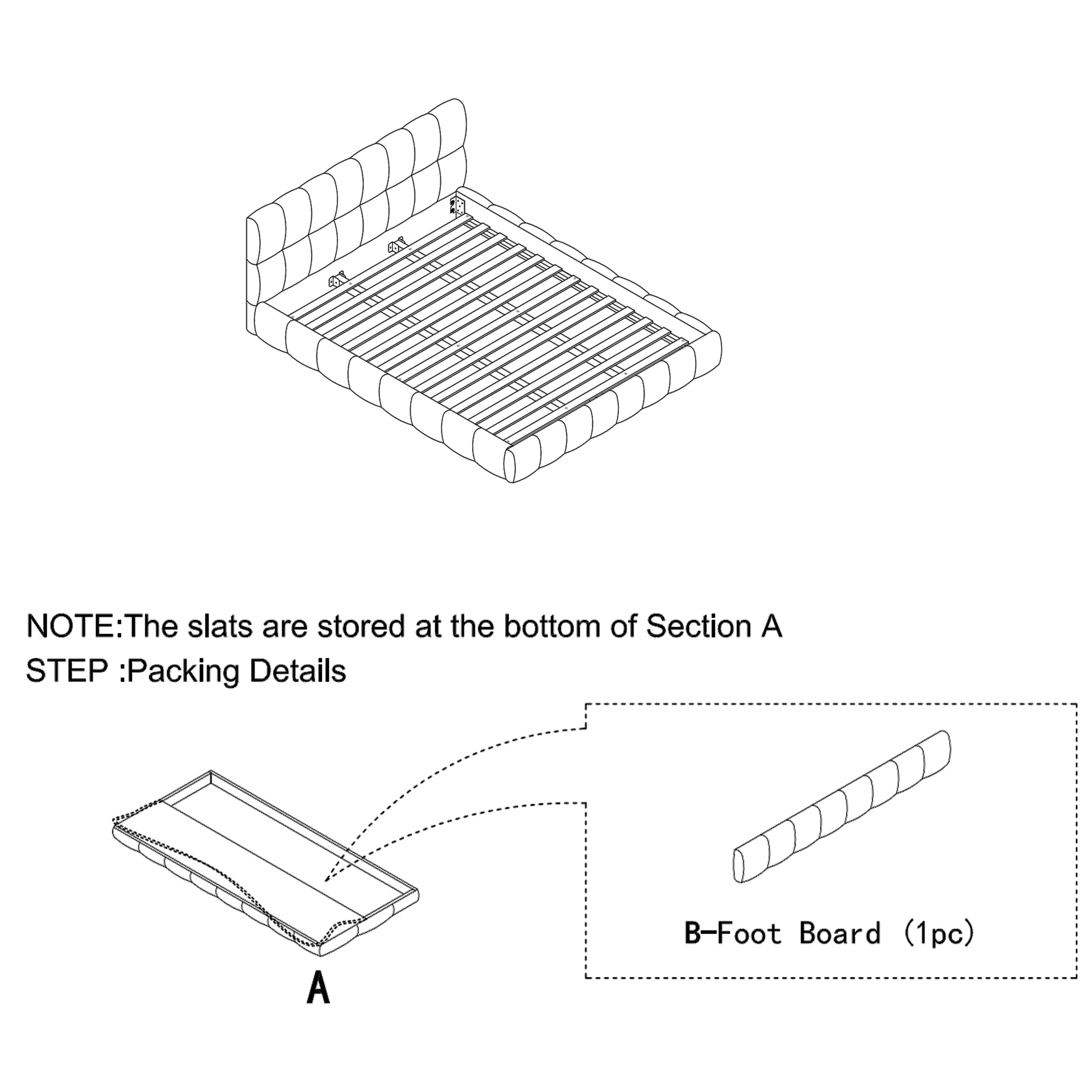 Assembly diagram showing slat storage and separate footboard piece