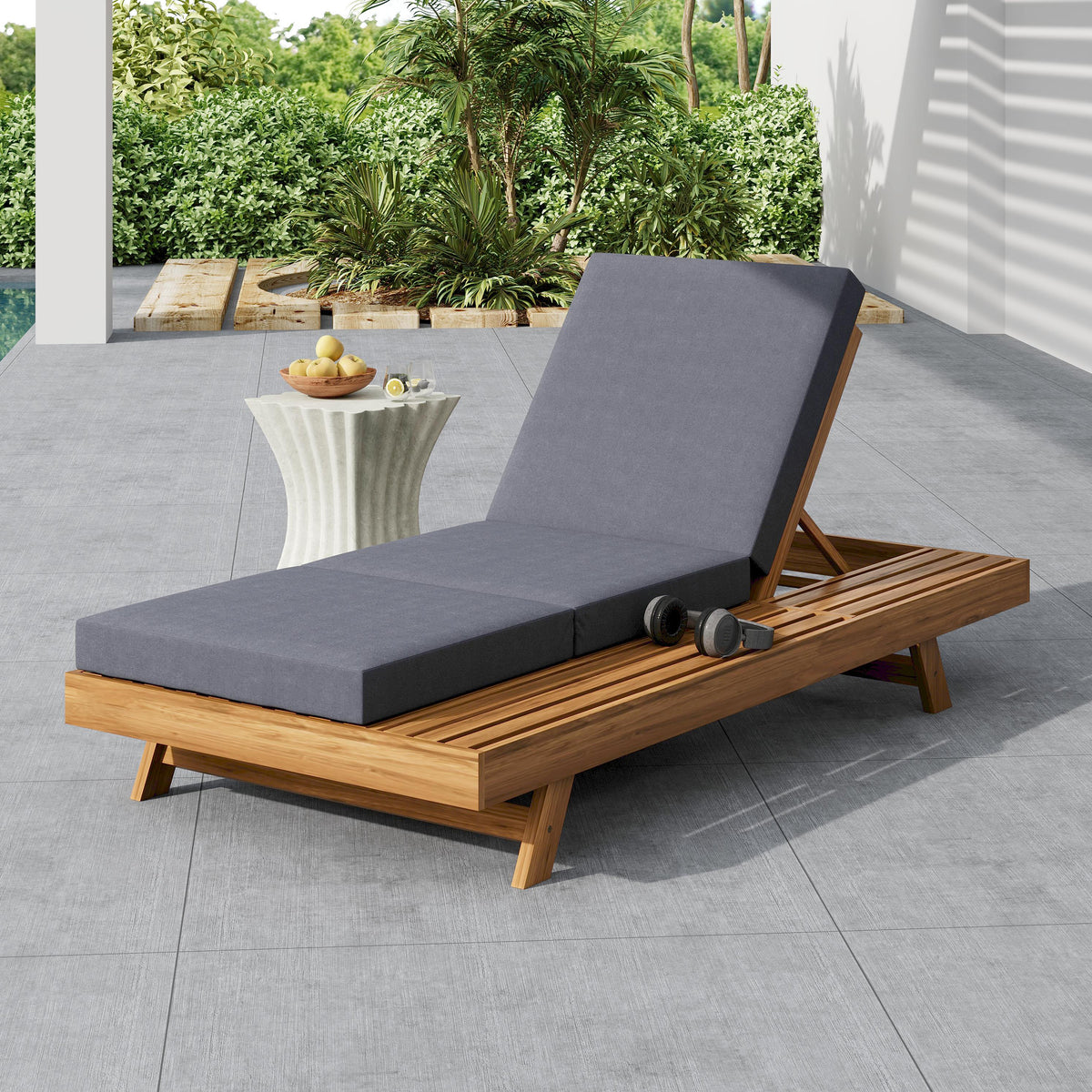 Teak Finish Solid Wood Outdoor Chaise Lounge with Cushions