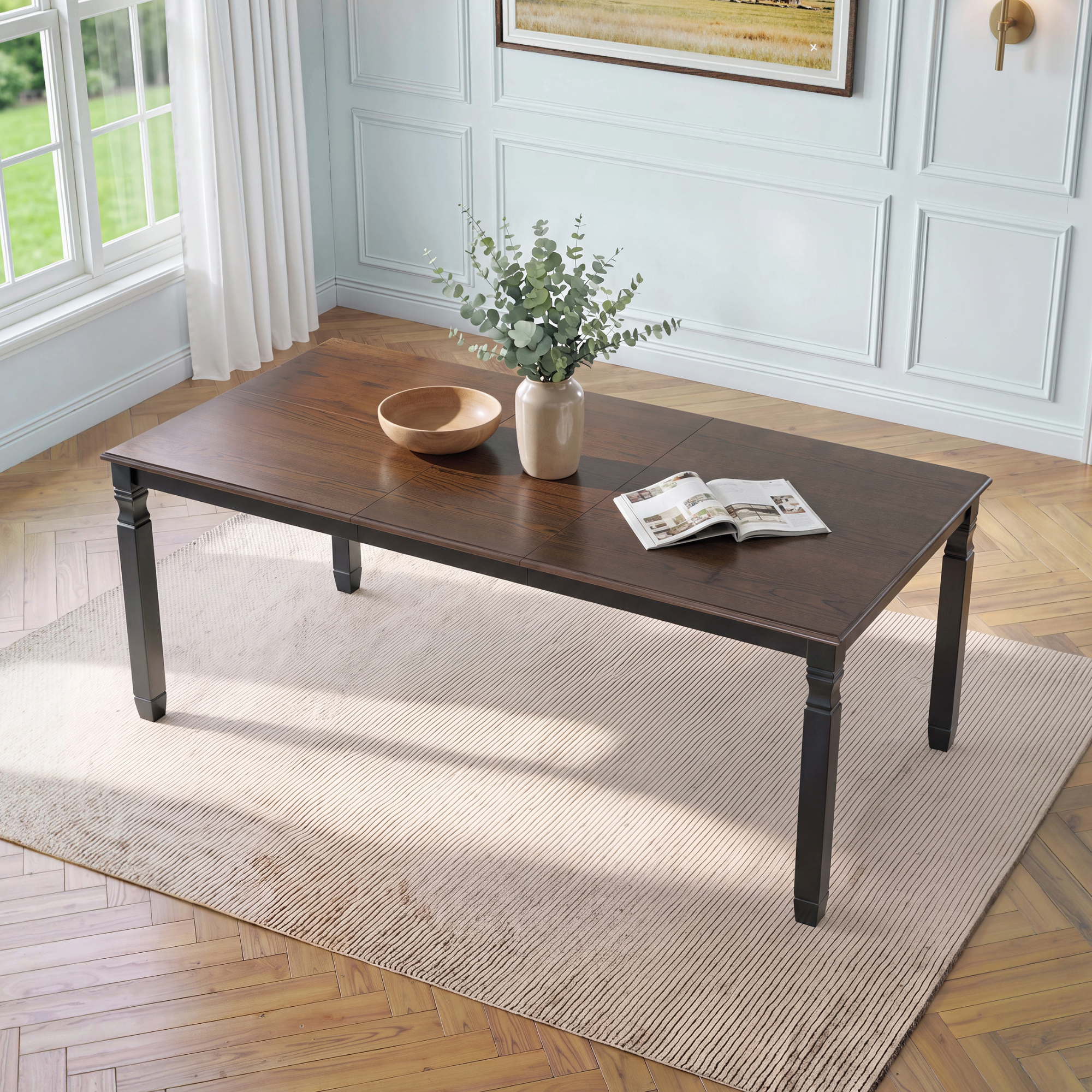 Espresso oak veneer farmhouse extendable dining table, three-quarter overhead view in a styled blue paneled room