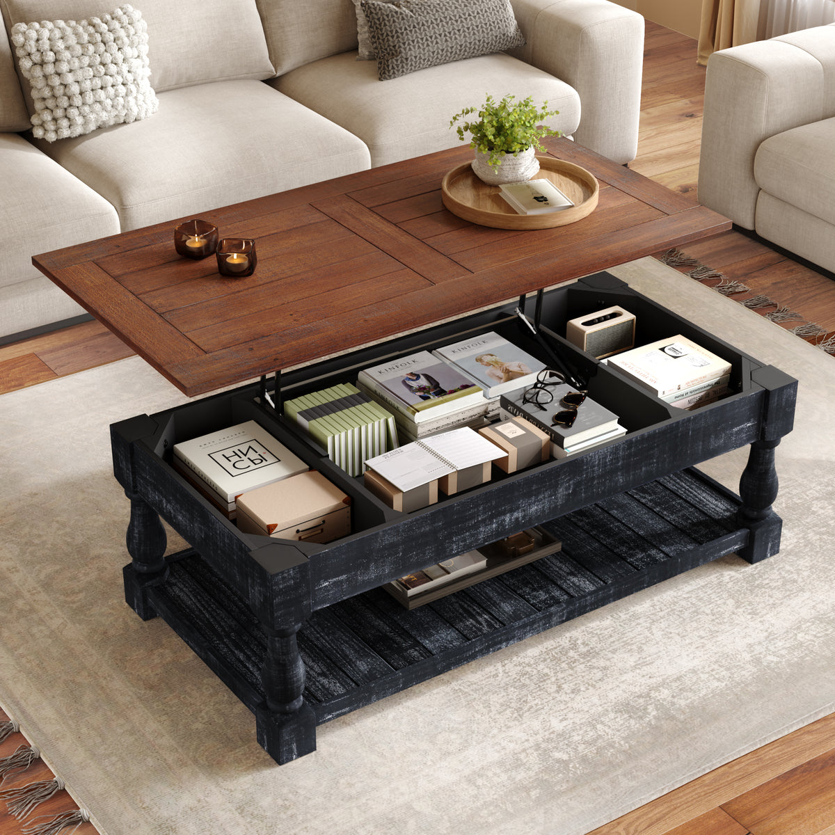 Black Rectangular Lift-Top Coffee Table, 47.2 in