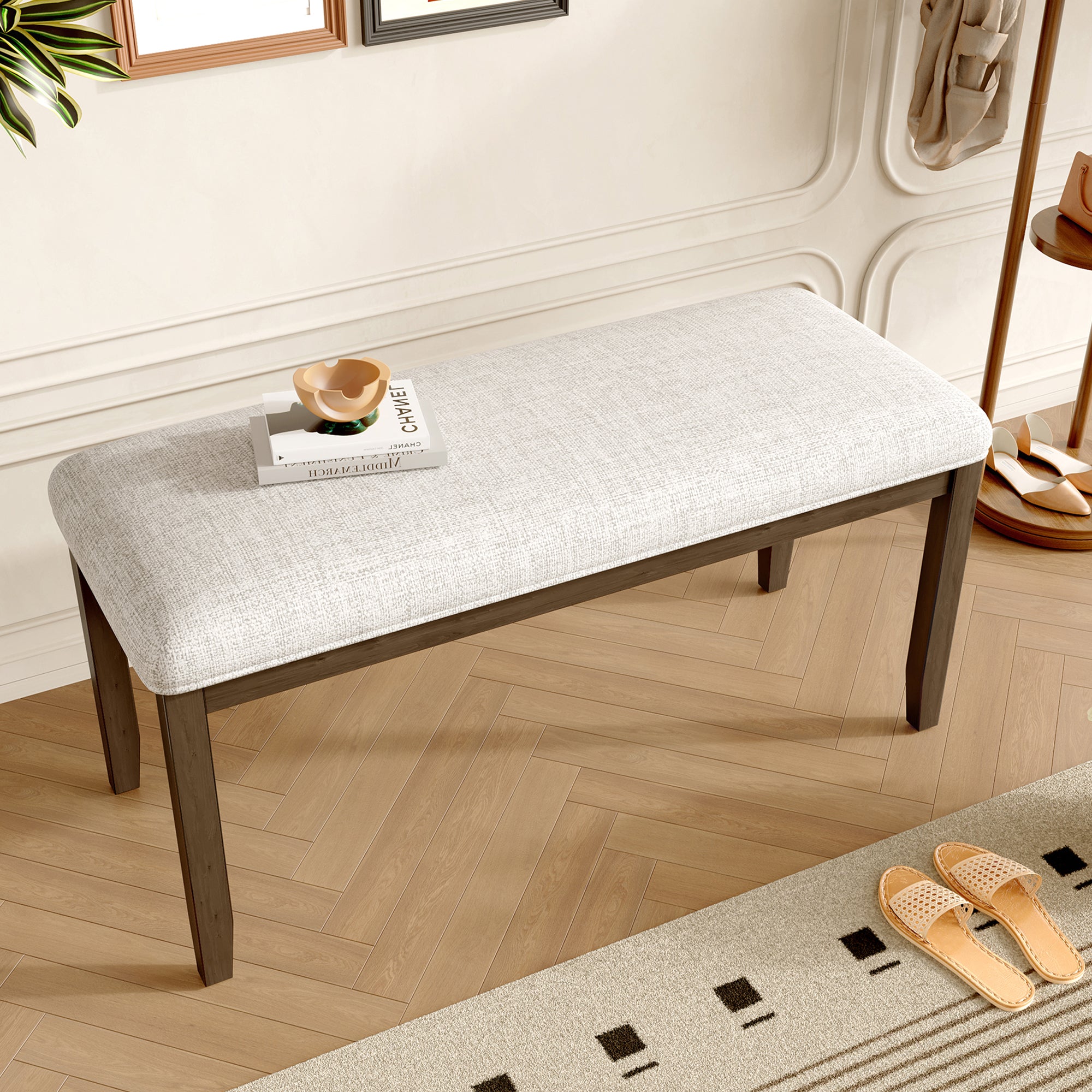 Upholstered Dining Bench, Beige, 38 in, Brown Wood Legs