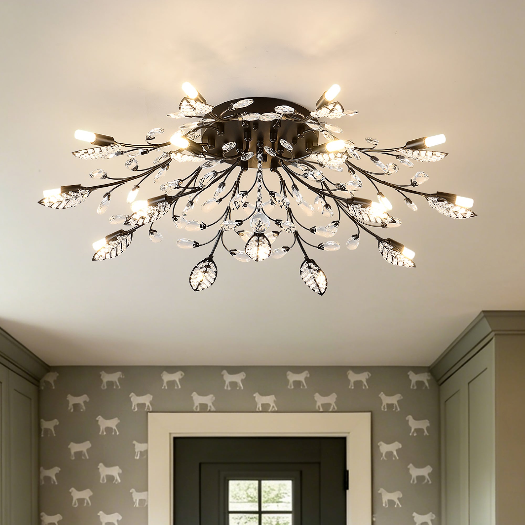 Chandelier, 15-Light Farmhouse Glass Shade, Matte Black