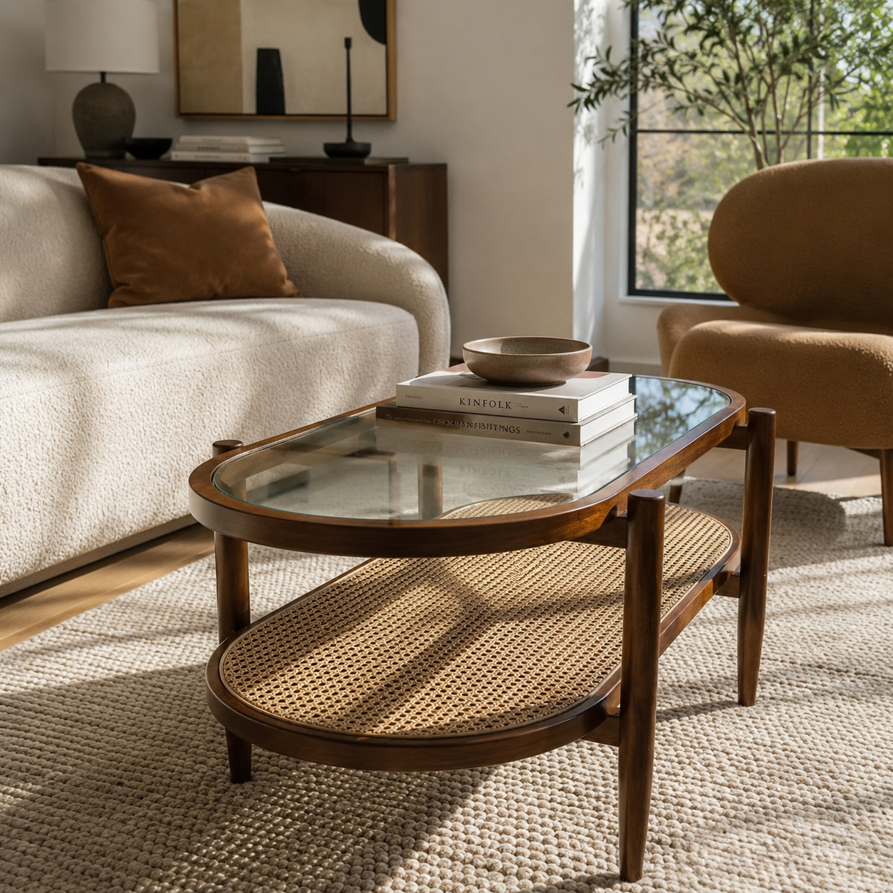 Mid-Century Rattan & Glass Coffee Table Oval Two-Tier Design