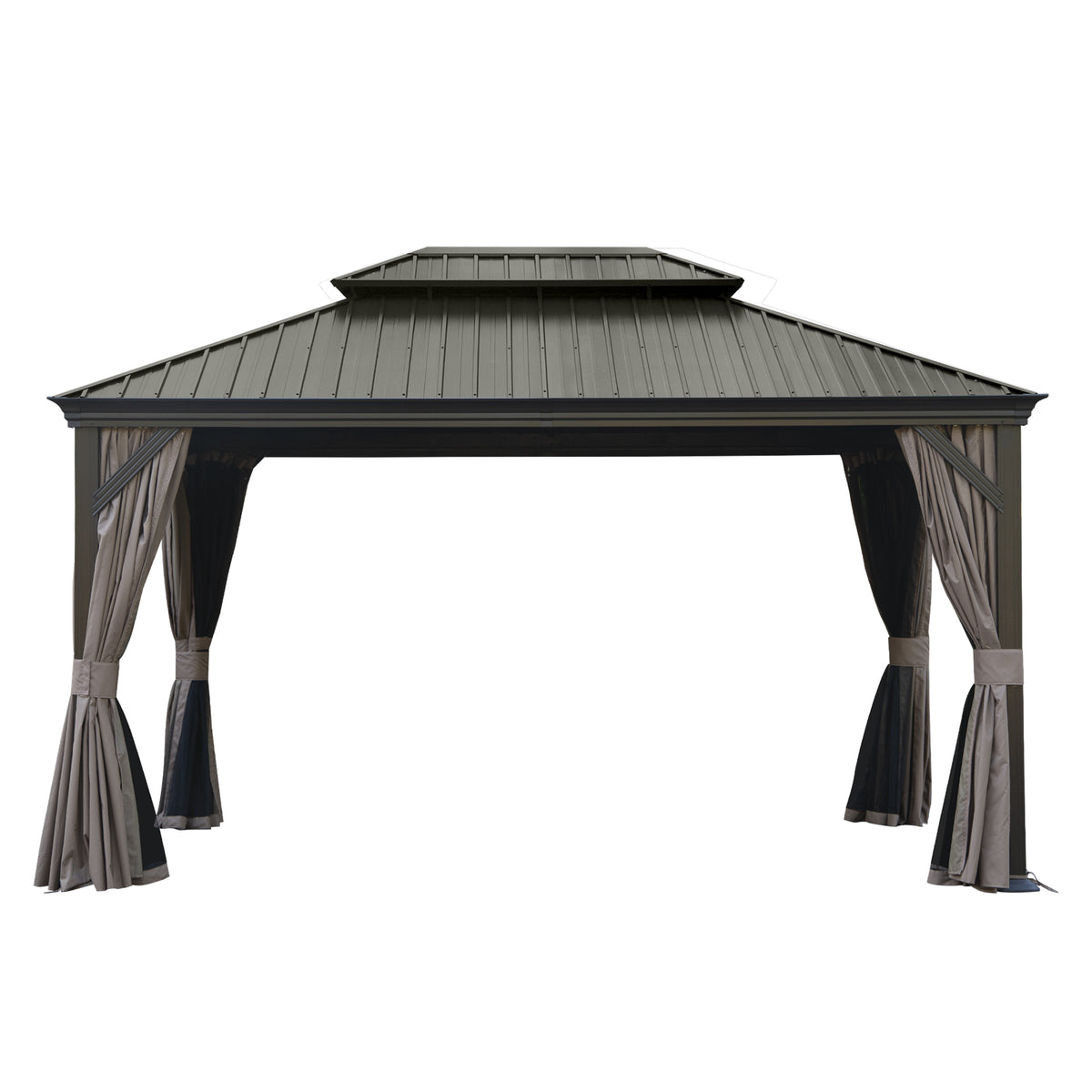 10x14 ft Brown Hardtop Gazebo with Netting and Curtains