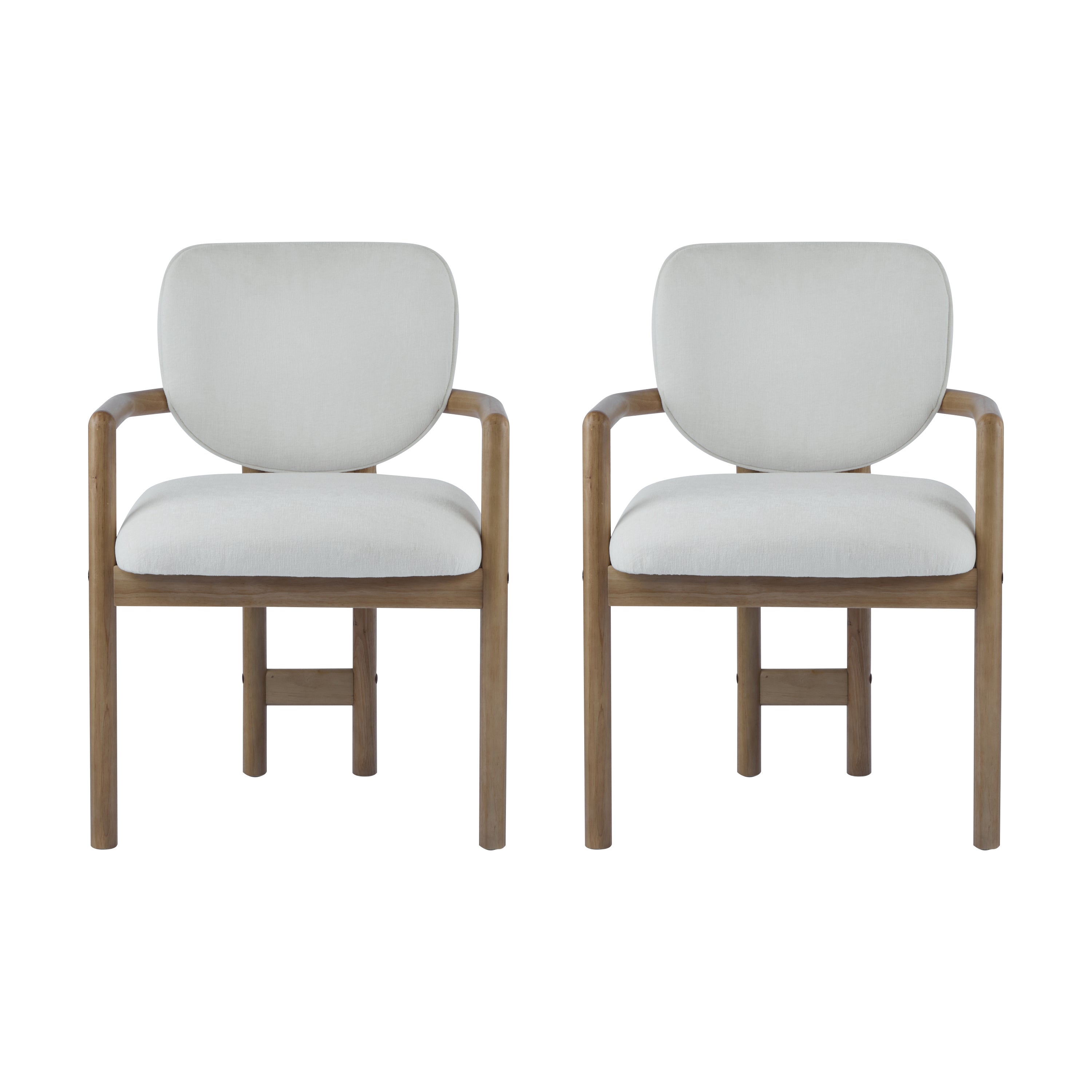 Wood-Frame Dining Arm Chairs Set of 2, White Fabric, Natural