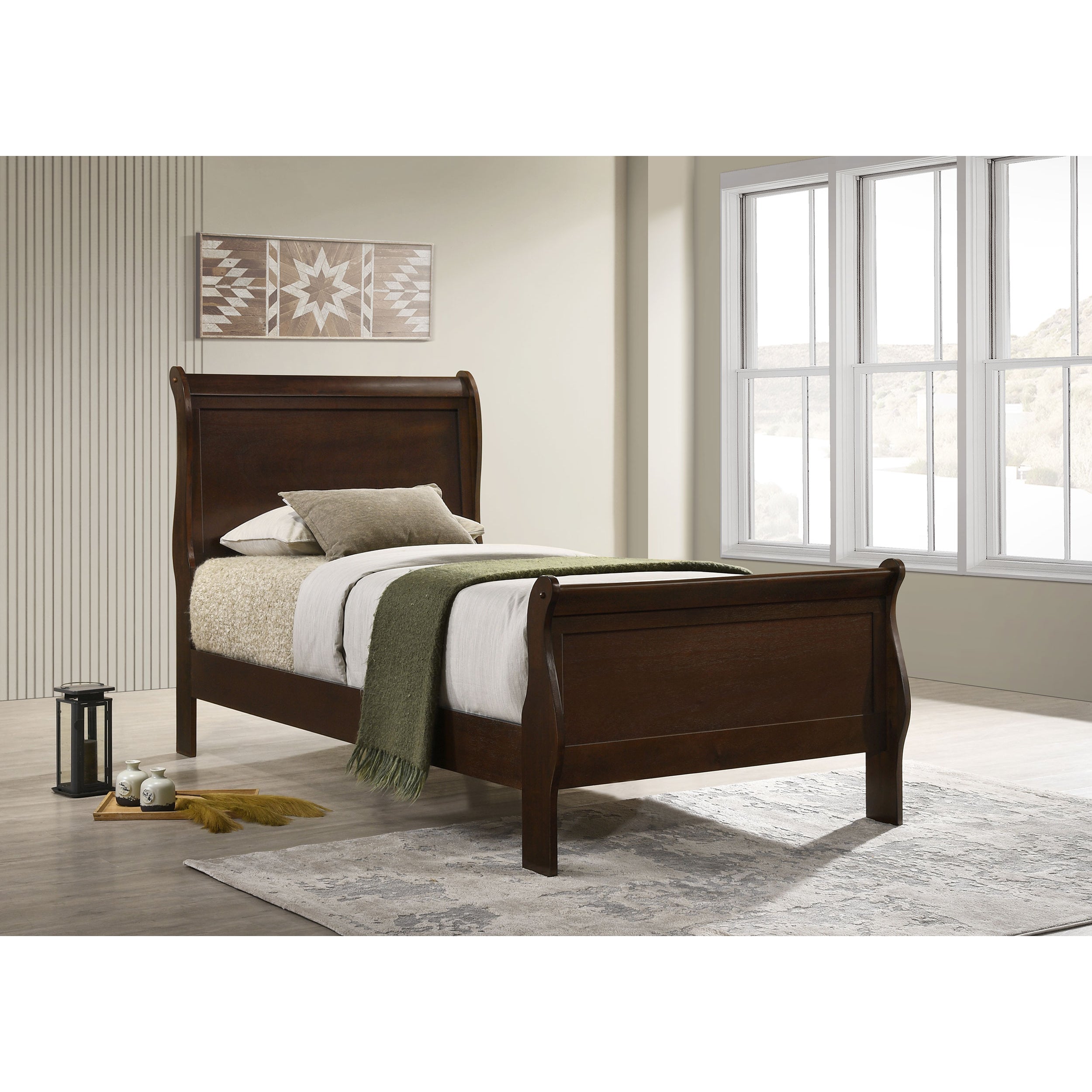 Sleigh Bed with Curved Headboard in Cappuccino Wood Finish