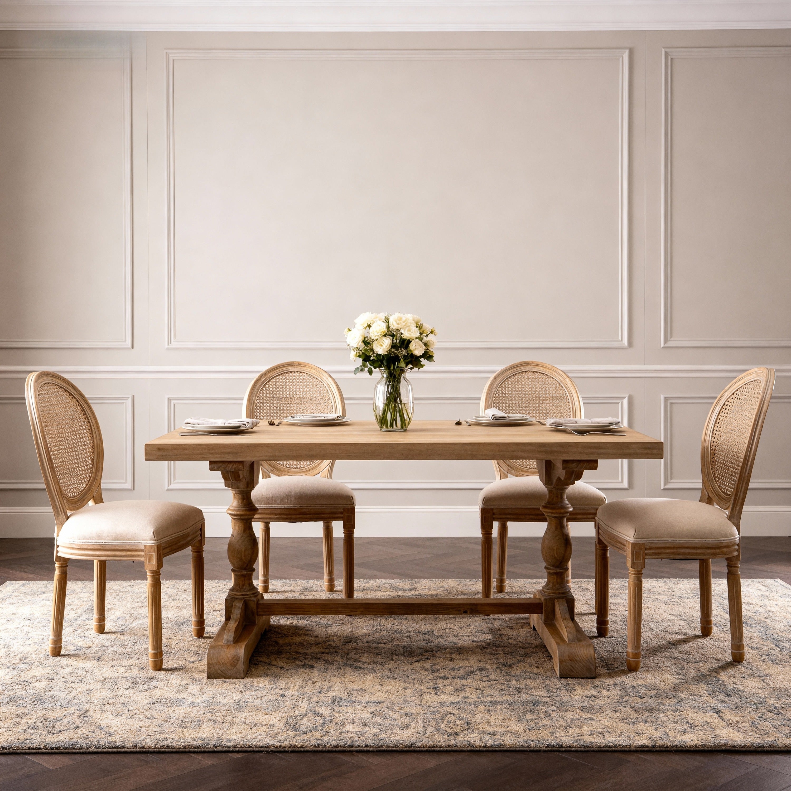 French Cane-Back Dining Chairs Set of 2, Beige Linen Seat