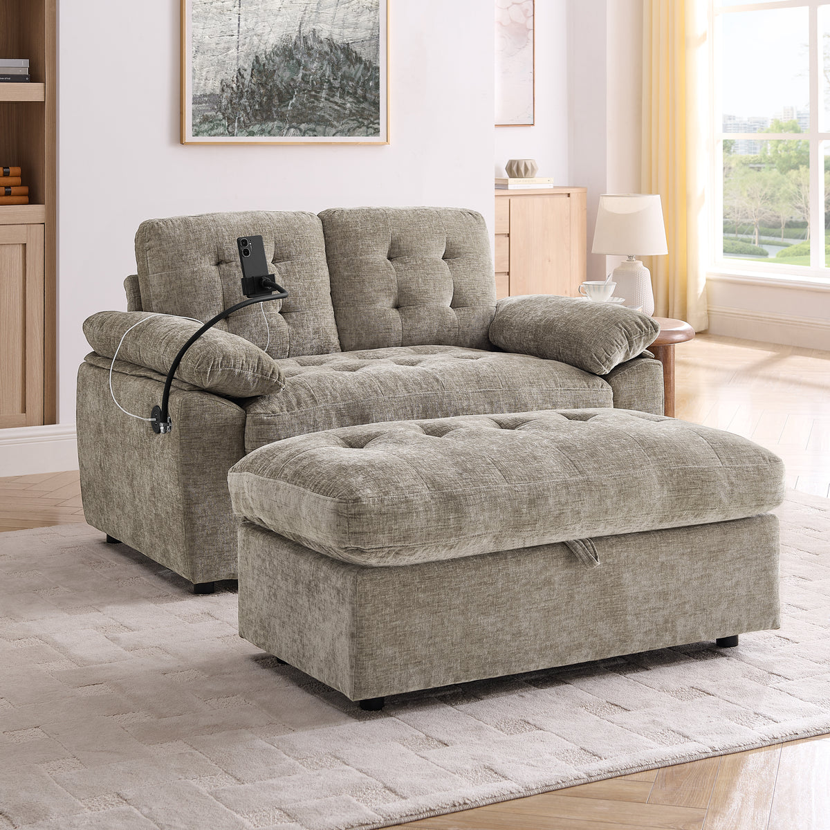 Brown Chenille Recliner, USB Charging, Double Seat