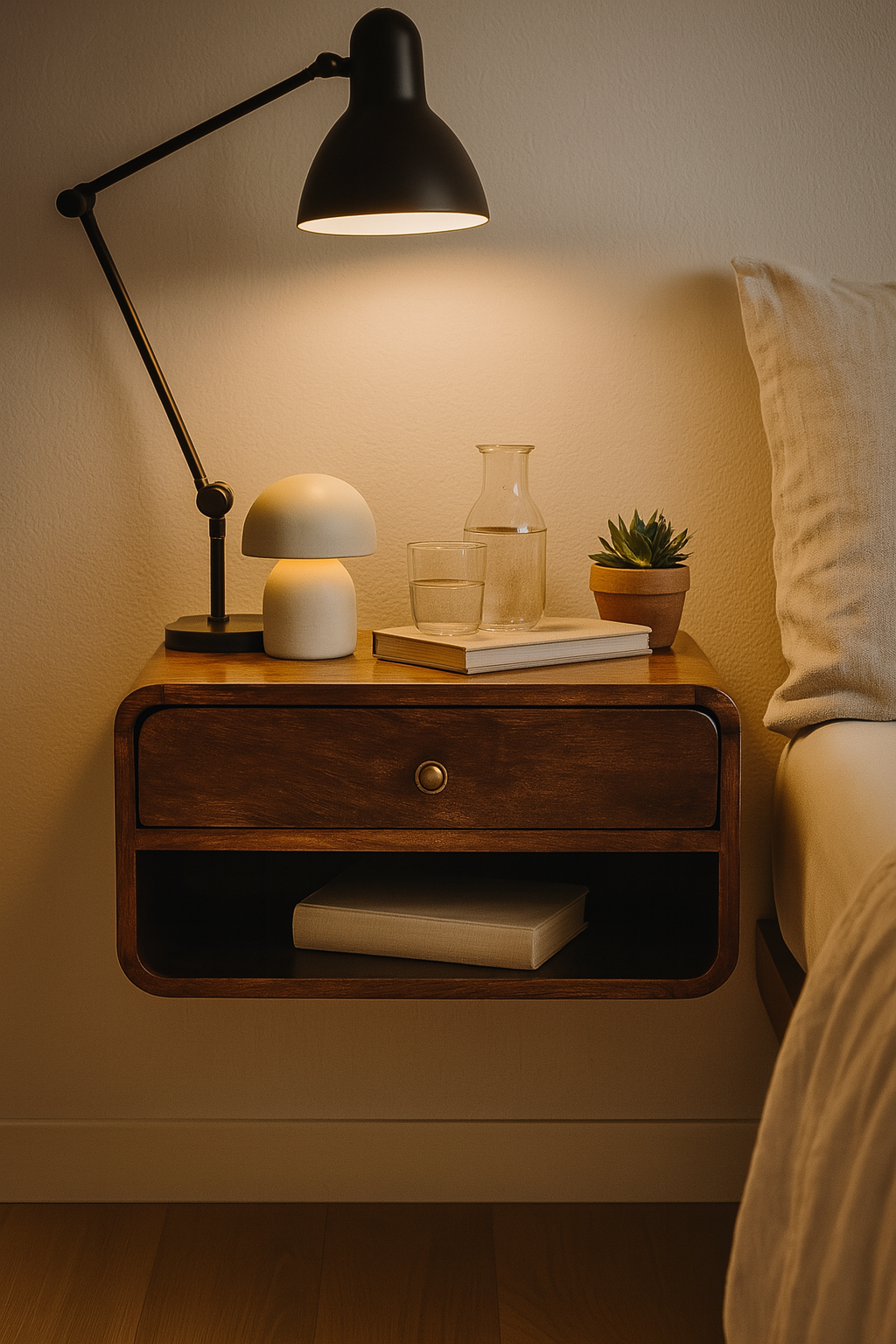 Floating Nightstand with Drawer and Open Shelf, Solid Mango Wood