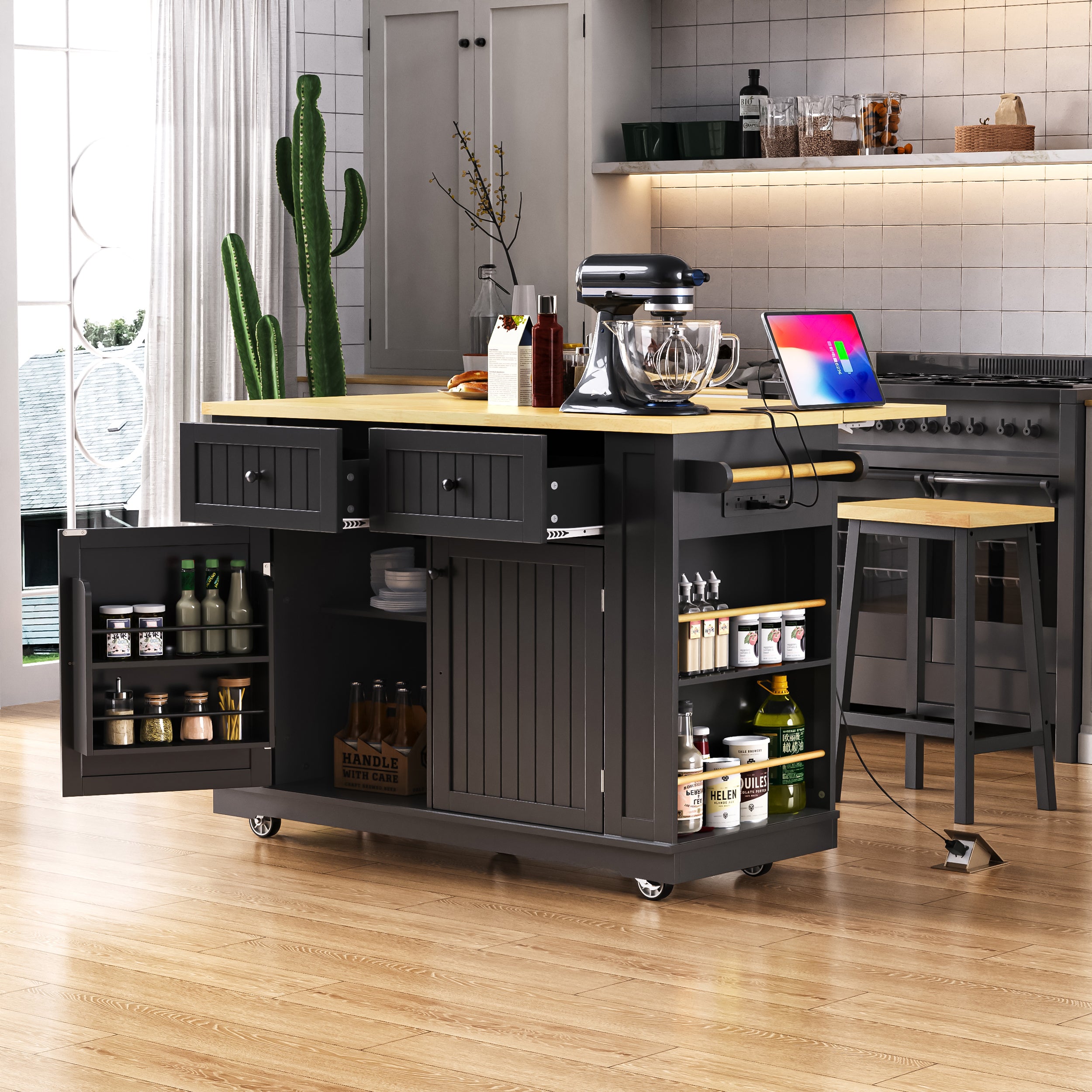 48in Rolling Kitchen Island with Drop-Leaf, Black, 5 Side Racks