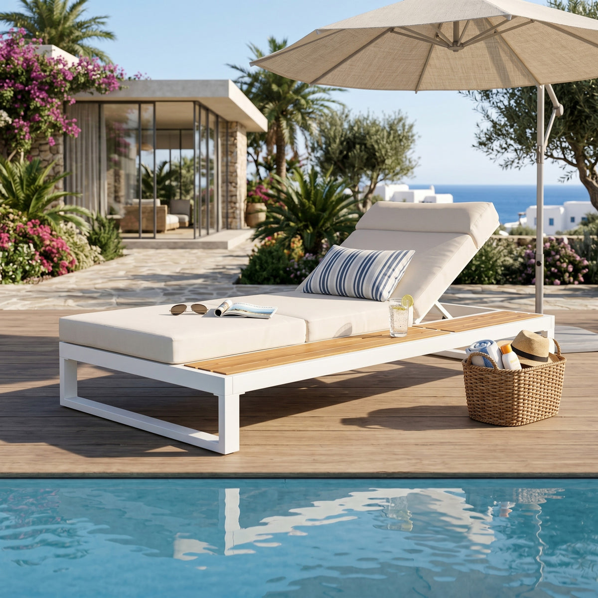 Teak Finish Metal Outdoor Chaise Lounge, White Frame