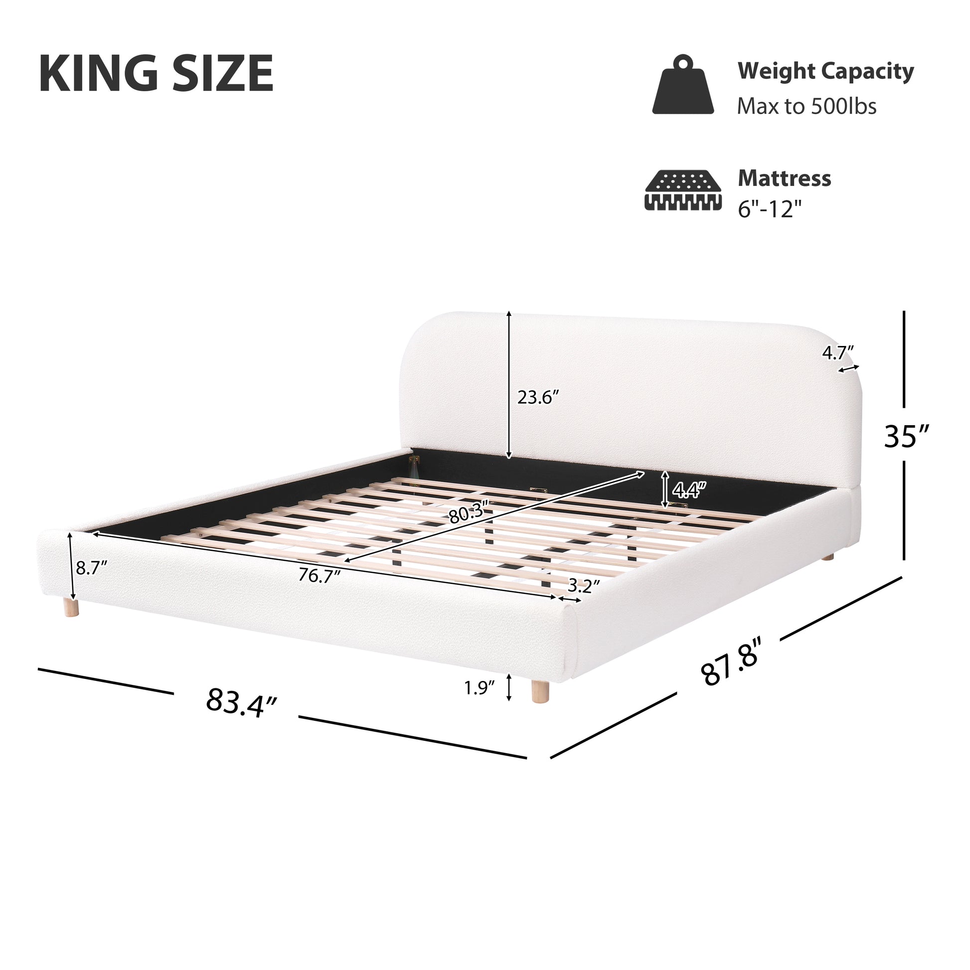 Line drawing of white boucle king bed dimensions and weight capacity