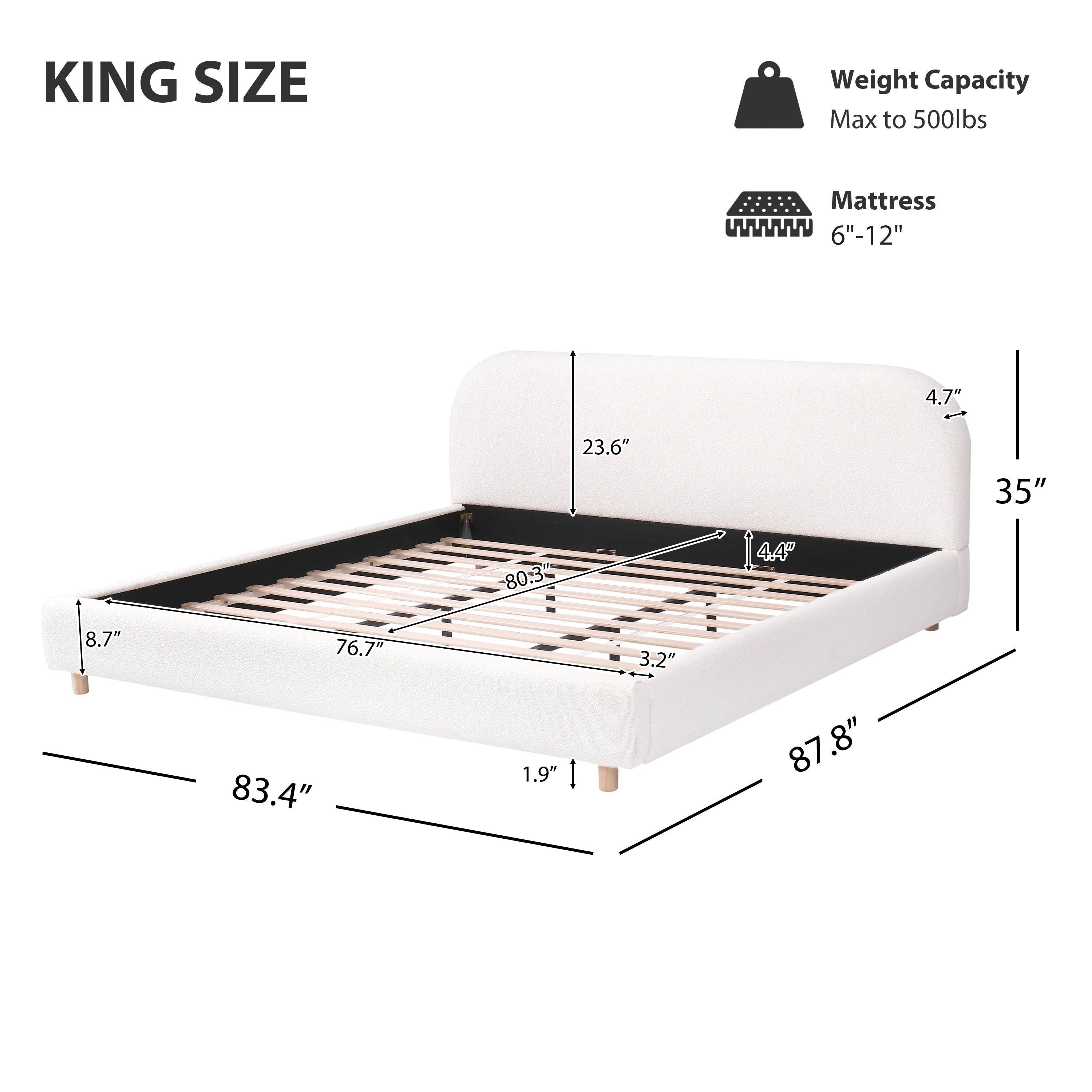 Line drawing of white boucle king bed dimensions and weight capacity