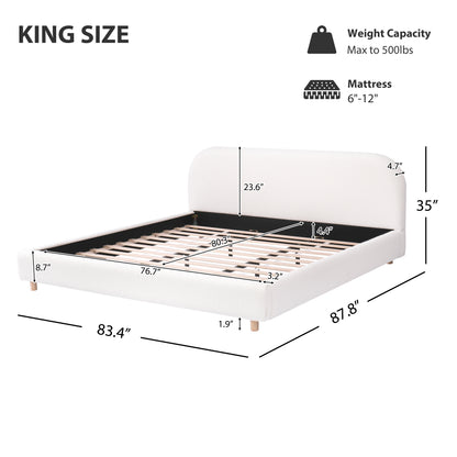 Line drawing of white boucle king bed dimensions and weight capacity