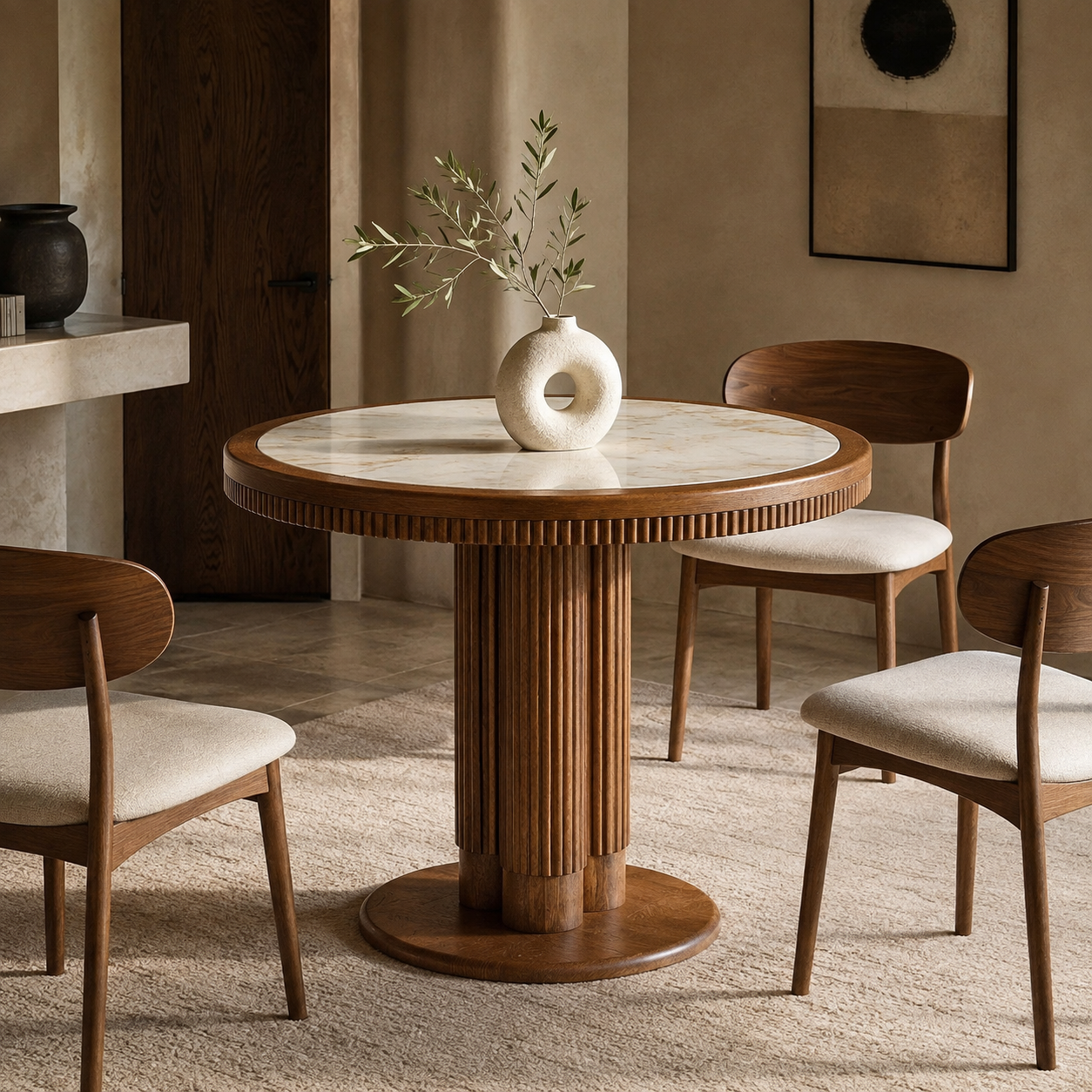 Round Dining Table, Sintered Stone Top - Walnut, Mid-Century