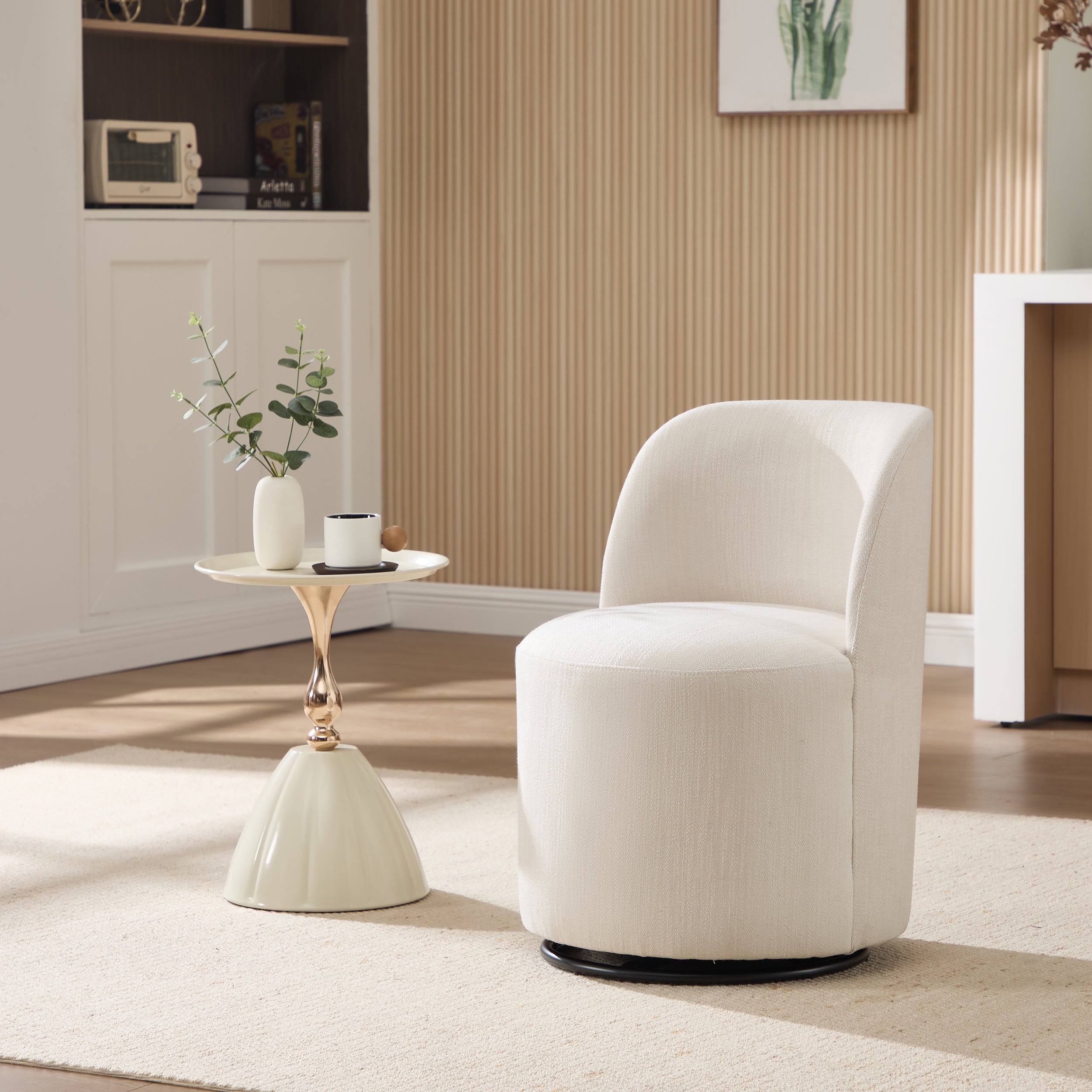 Upholstered Swivel Barrel Dining Chair, Cream, 360 Degree Base