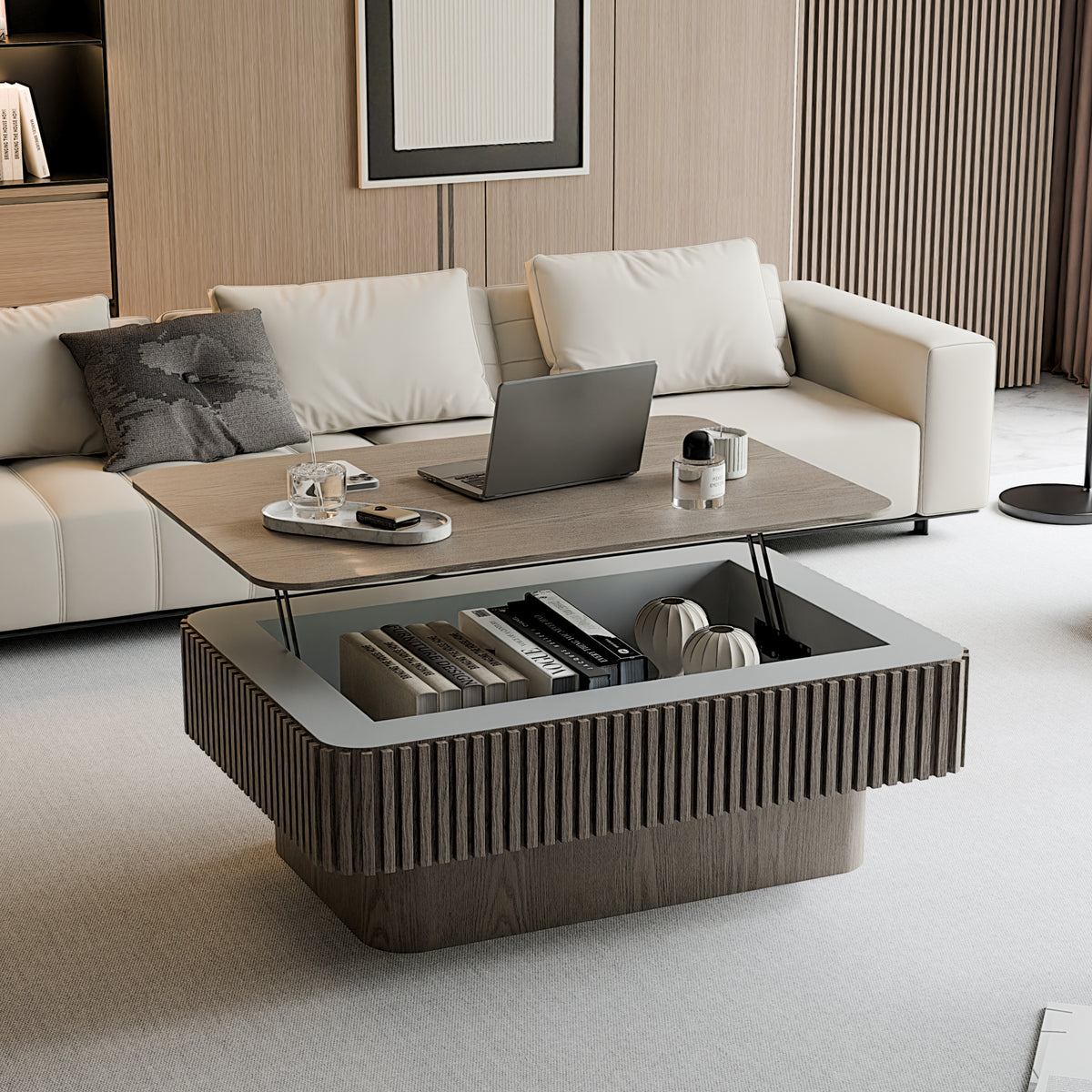 Gray Rectangular Fluted Lift-Top Coffee Table, 38.6 in