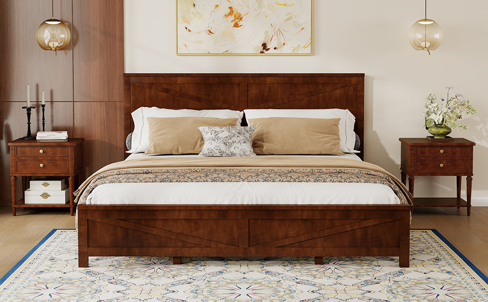 Farmhouse king bed frame graphic highlighting solid pine construction