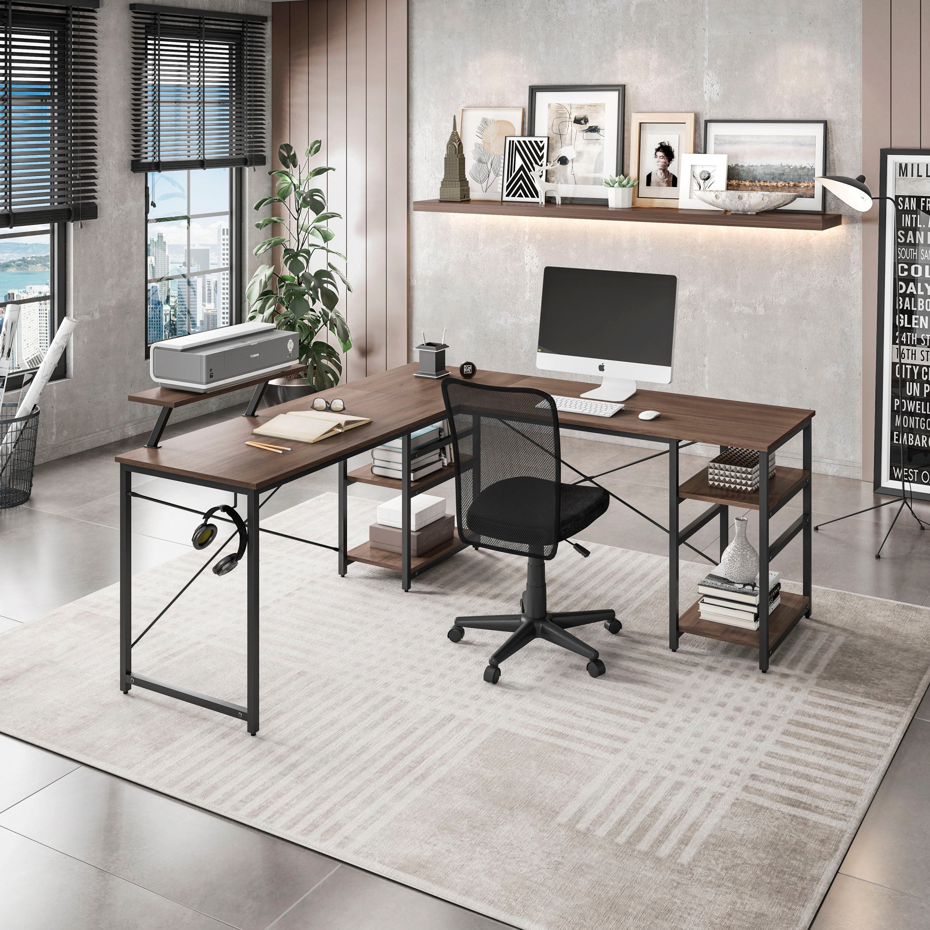 L-Shaped Industrial Computer Desk, Workstation, 59 in, Walnut