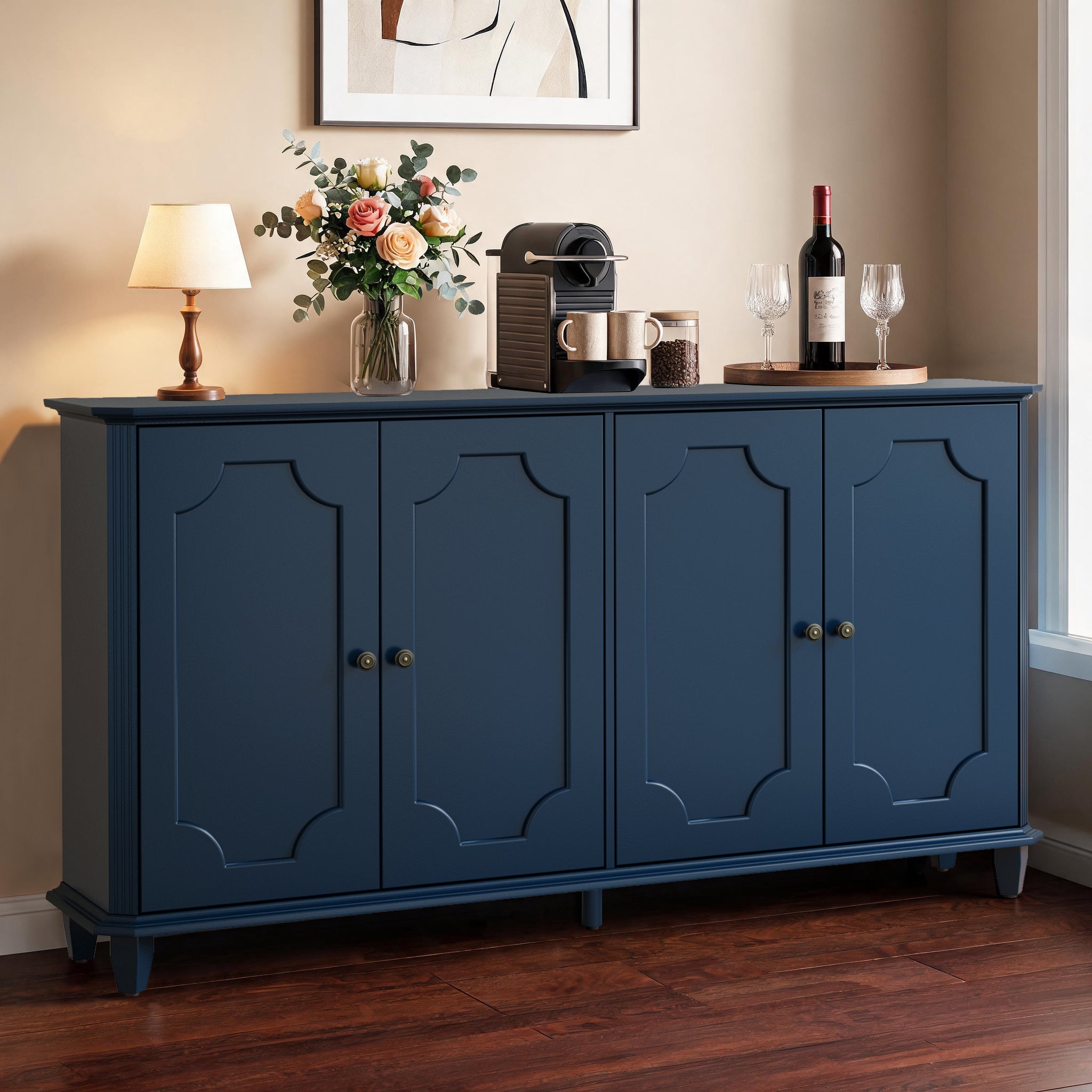 Blue Farmhouse Sideboard Buffet Cabinet, 63 in, 4 Curved-Panel Doors