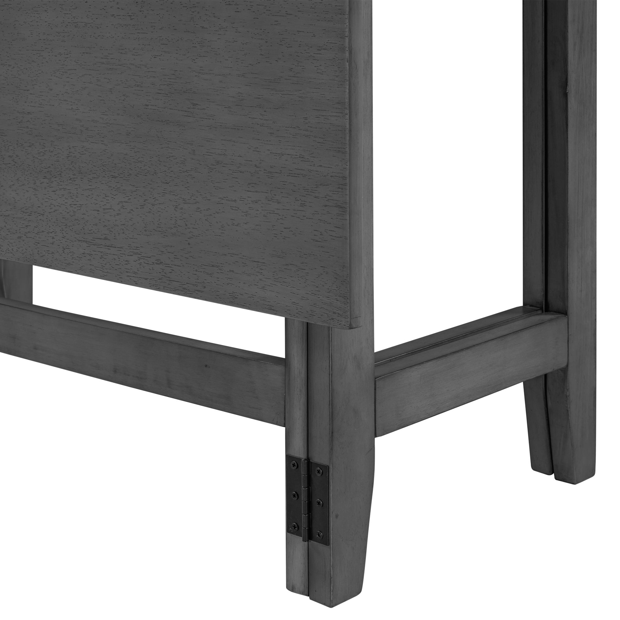 Close-up of the table leg hinge and stretcher bar showing the folding mechanism