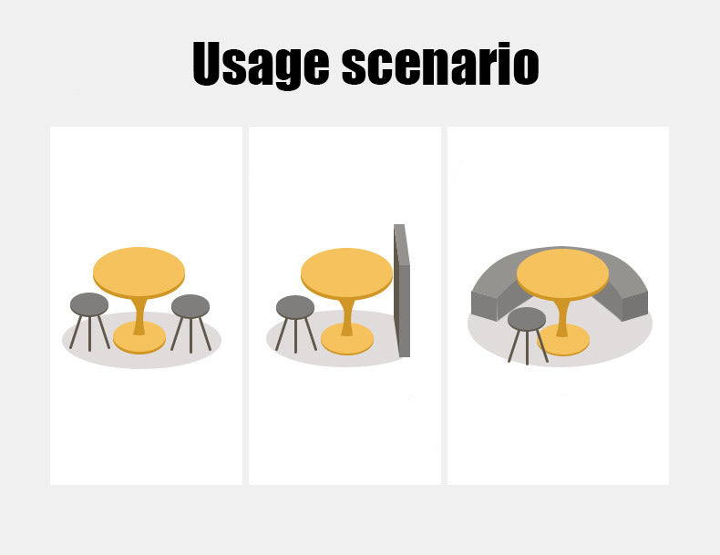 Illustrated usage-scenario graphic of the tulip bistro table with stools in three small-space settings