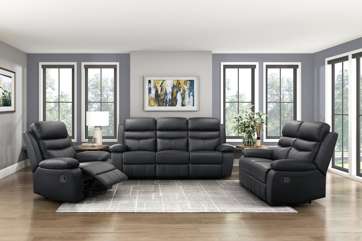 Black Genuine Leather 3-Piece Reclining Living Room Set